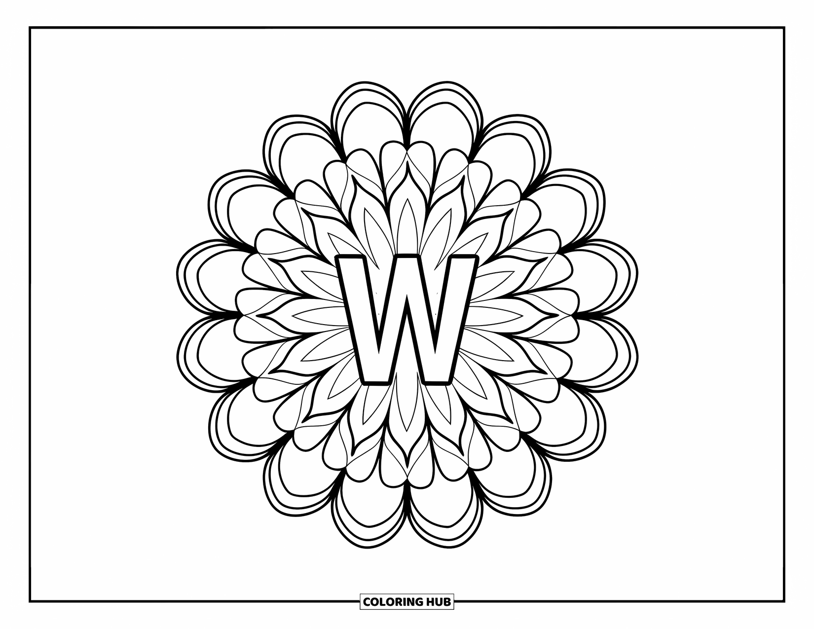Letter W Coloring Page for Adults: A graceful mandala of floral walnuts radiates from the letter "W"