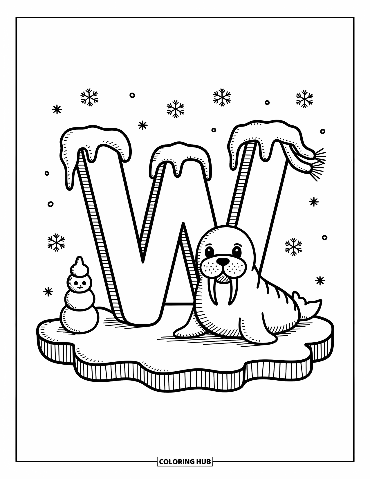 Letter W Coloring Page for Adults: A kawaii walrus lounges next to a snowy "W" with icicles and a scarf