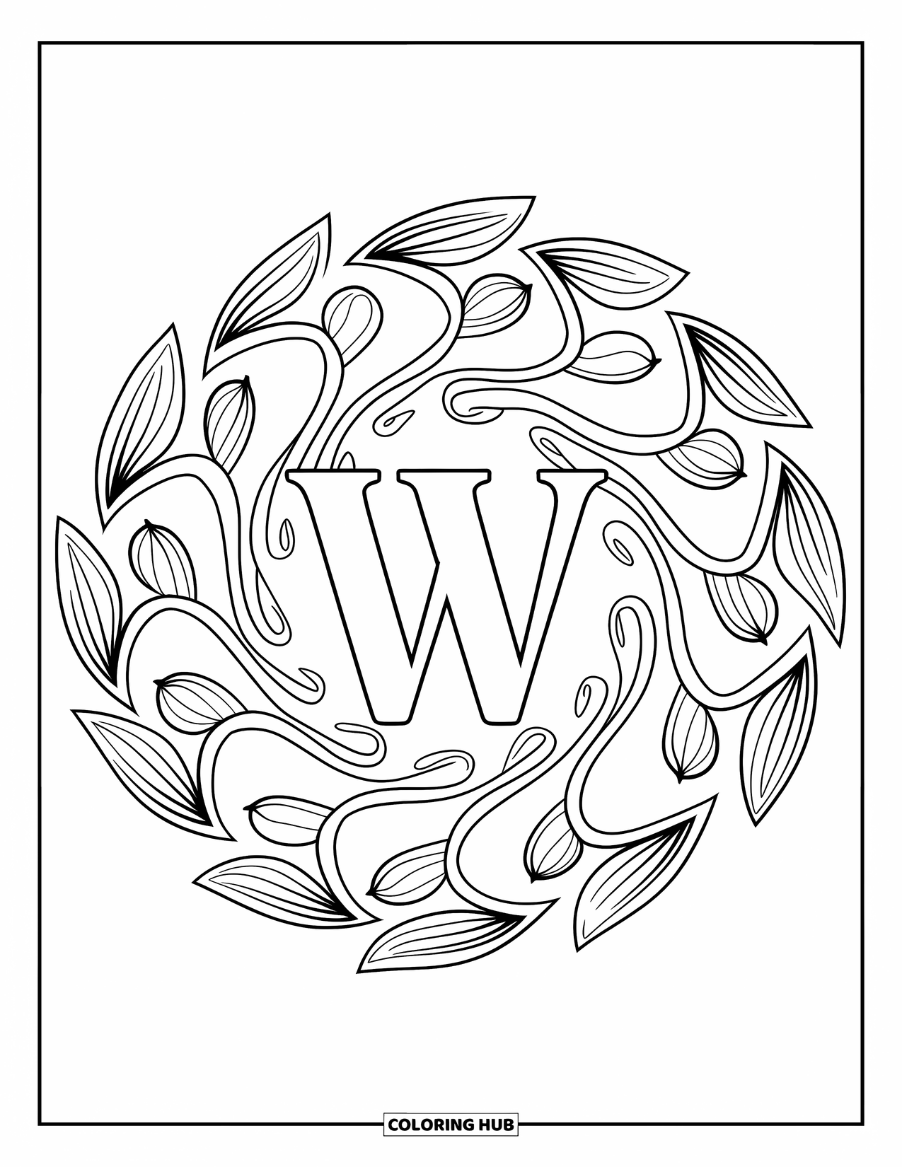 Letter W Coloring Page for Adults: A leafy mandala surrounds "W" with soft willow curves