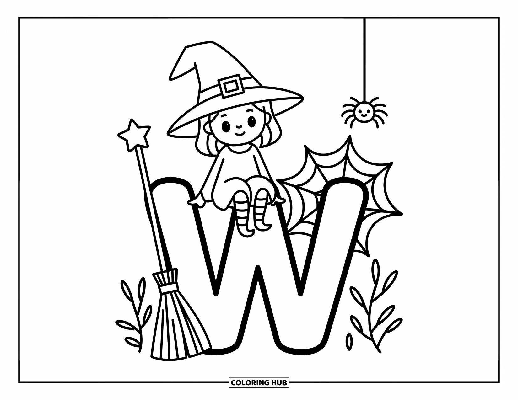 Letter W Coloring Page for Adults: A smiling witch perches on "W" with a broom, wand, and dangling spider