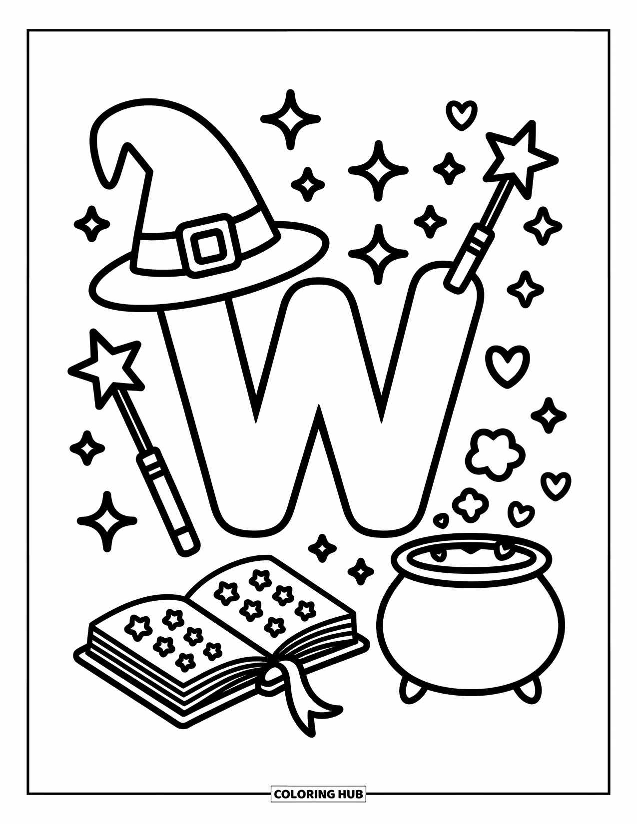 Letter W Coloring Page for Adults: A spell-filled room with "W," wand, stars, a wizard hat, and bubbling cauldron