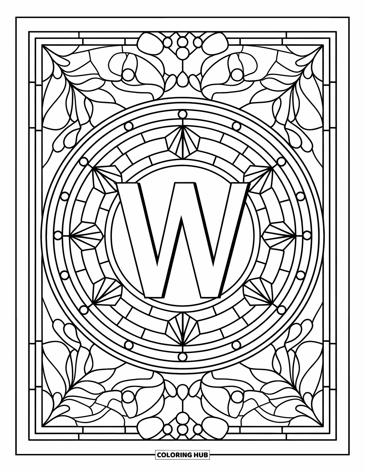 Letter W Coloring Page for Adults: A stained glass circle of leaves and vines frames "W"