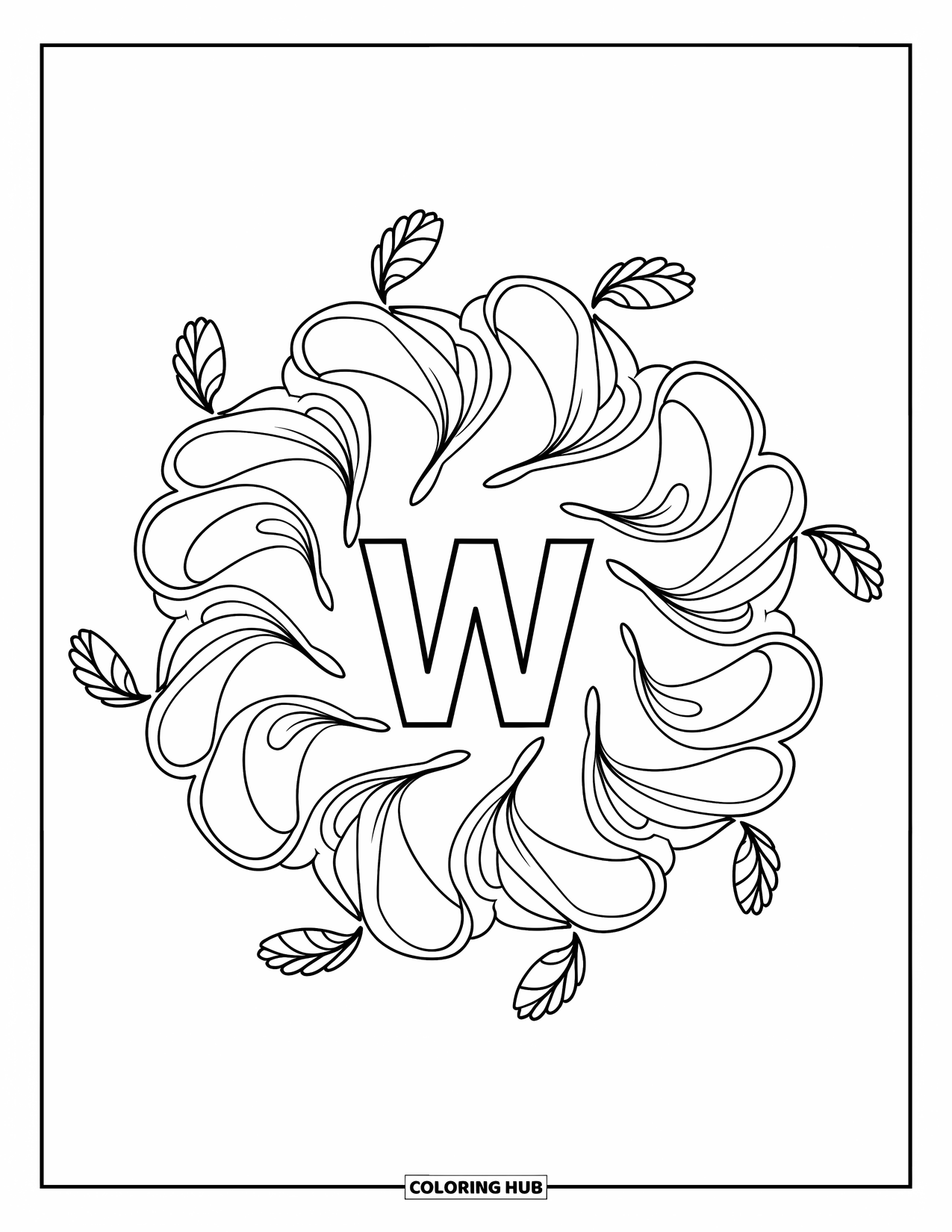Letter W Coloring Page for Adults: A swirling mandala of willow leaves circles a bold "W"