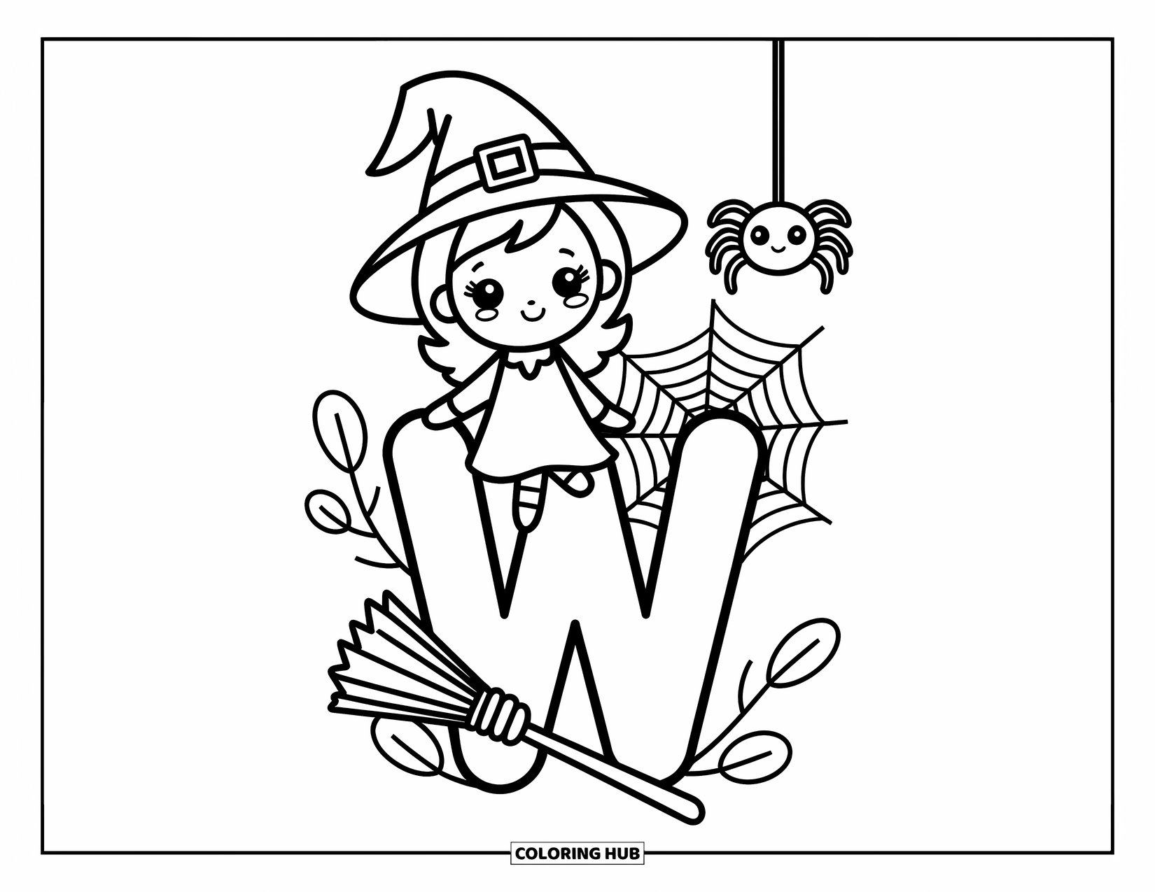 Letter W Coloring Page for Adults: A tiny witch sits on a big "W" with a broom, wand, and a spider