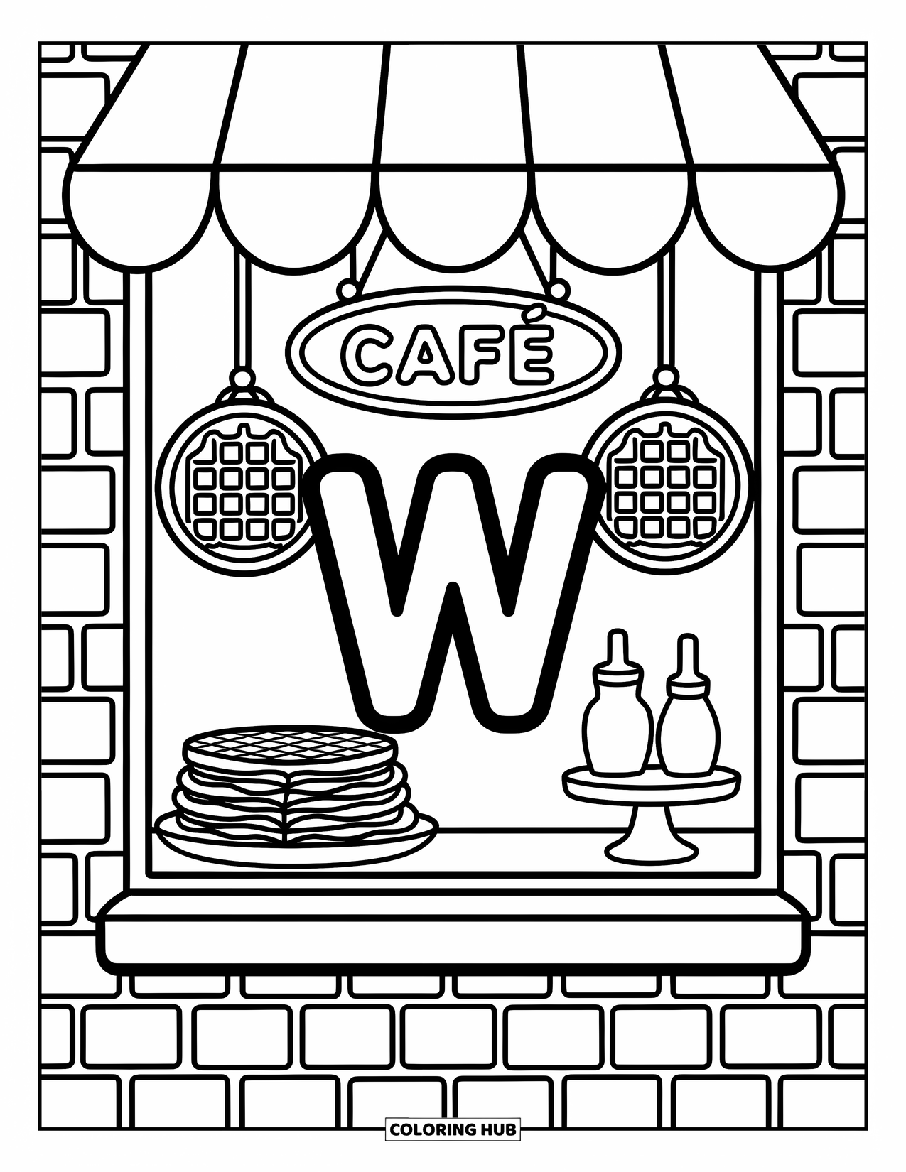 Letter W Coloring Page for Adults: A tray of waffles and syrup sits near a friendly café-style "W"