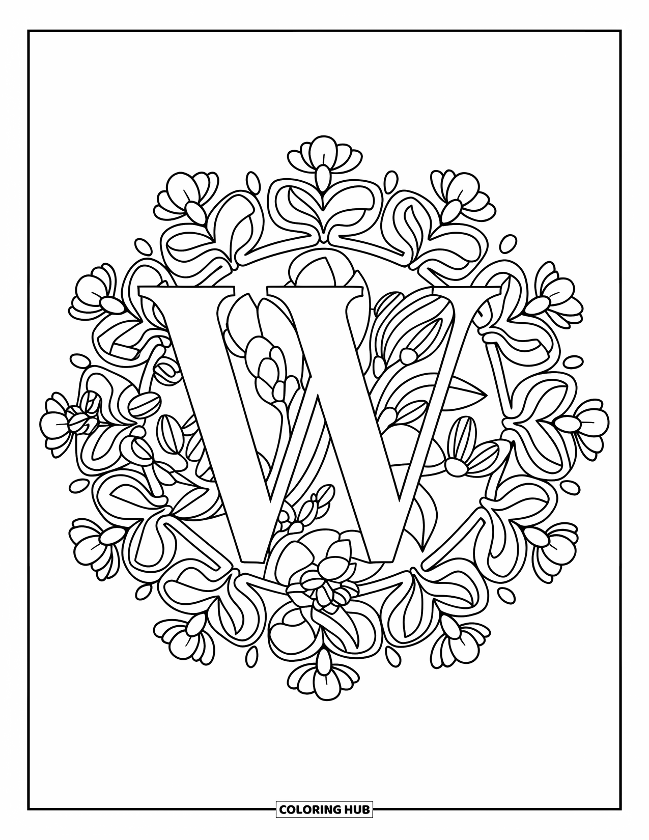 Letter W Coloring Page for Adults: An ornate "W" sits inside a lush mandala of blooms