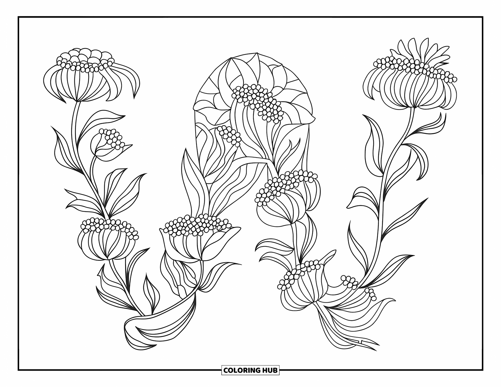 Letter W Coloring Page for Adults: The letter "W" is shaped by flower stems and swirling glass