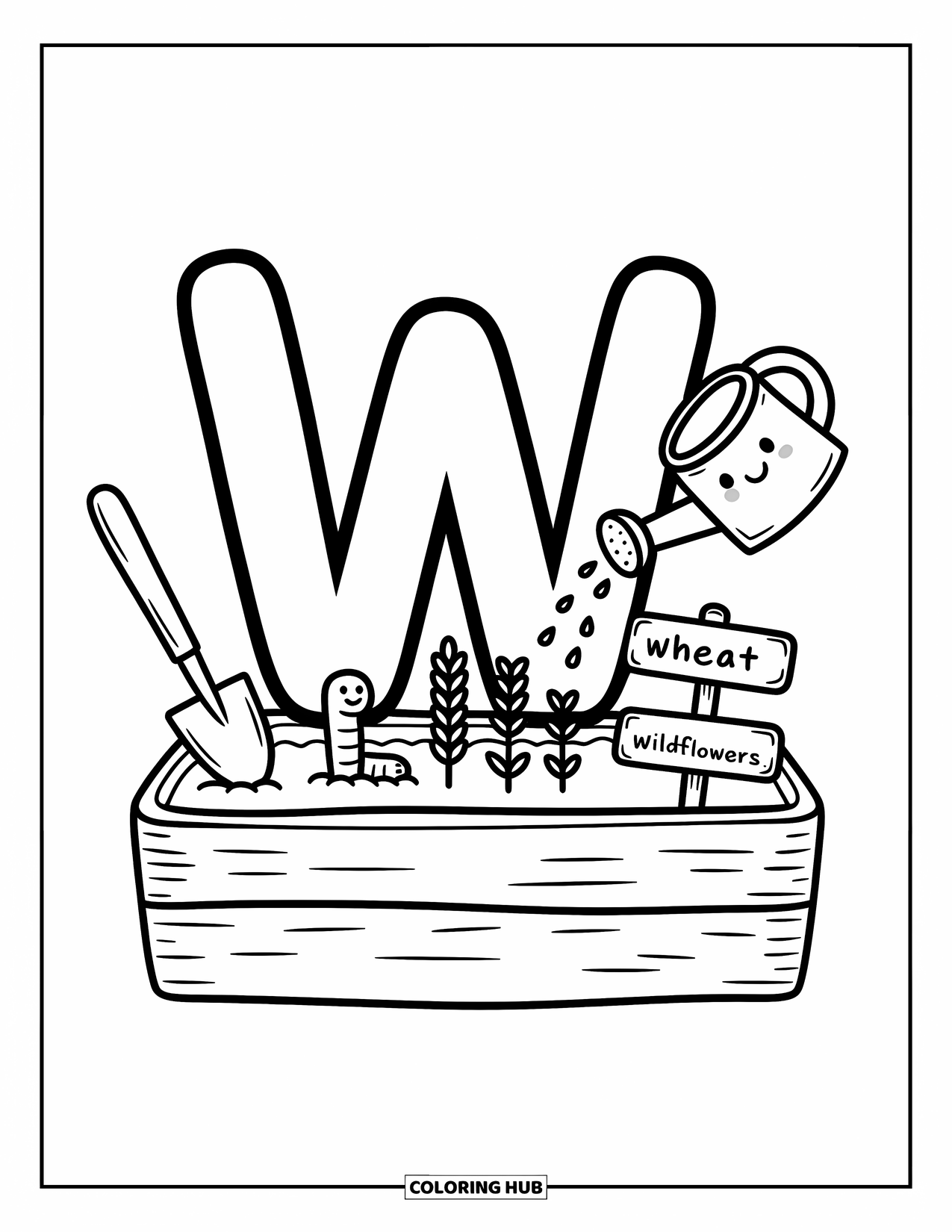 Letter W Coloring Page for Adults: The letter "W" sits tall in a garden with a worm, seeds, and shovel