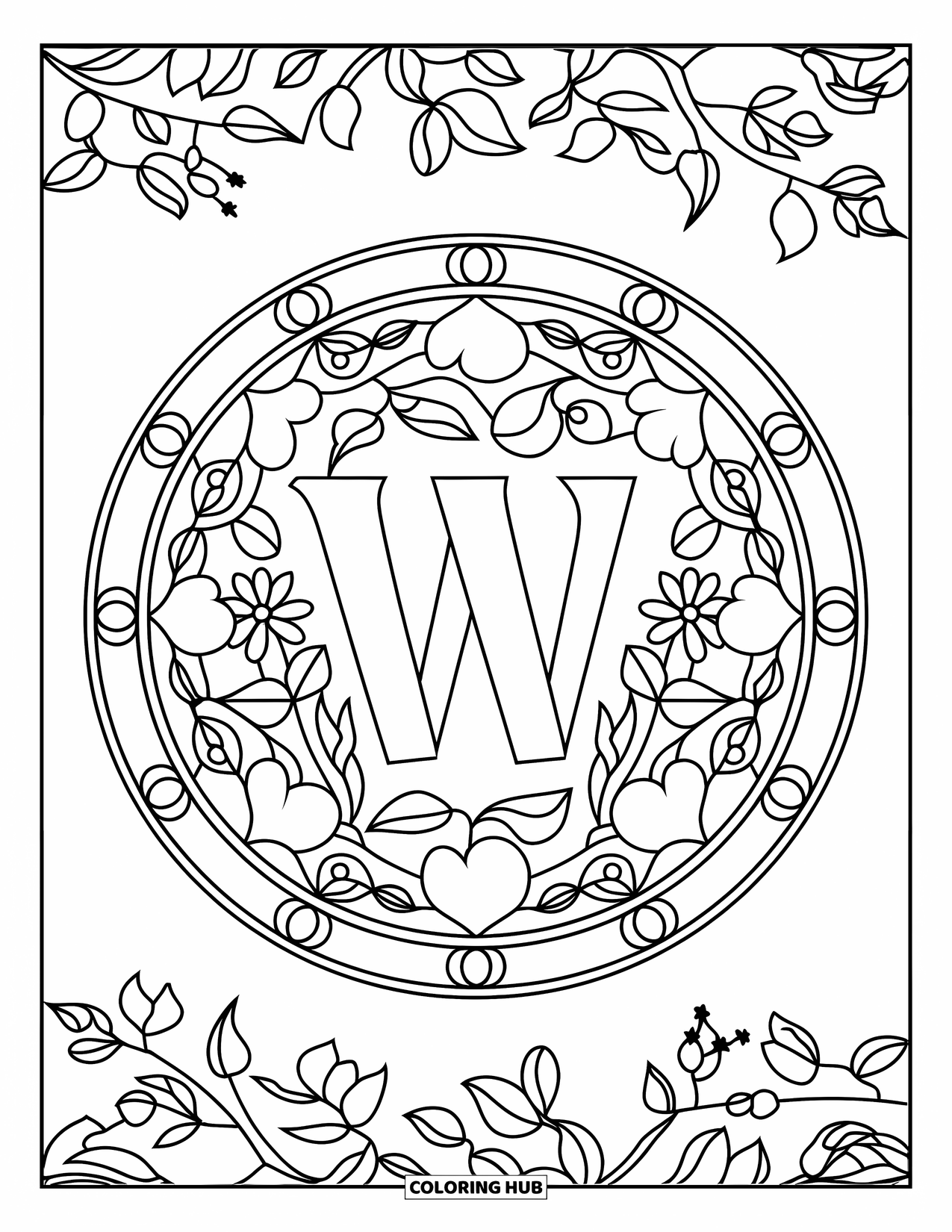 Letter W Coloring Page for Adults: "W" blooms inside a floral stained glass round