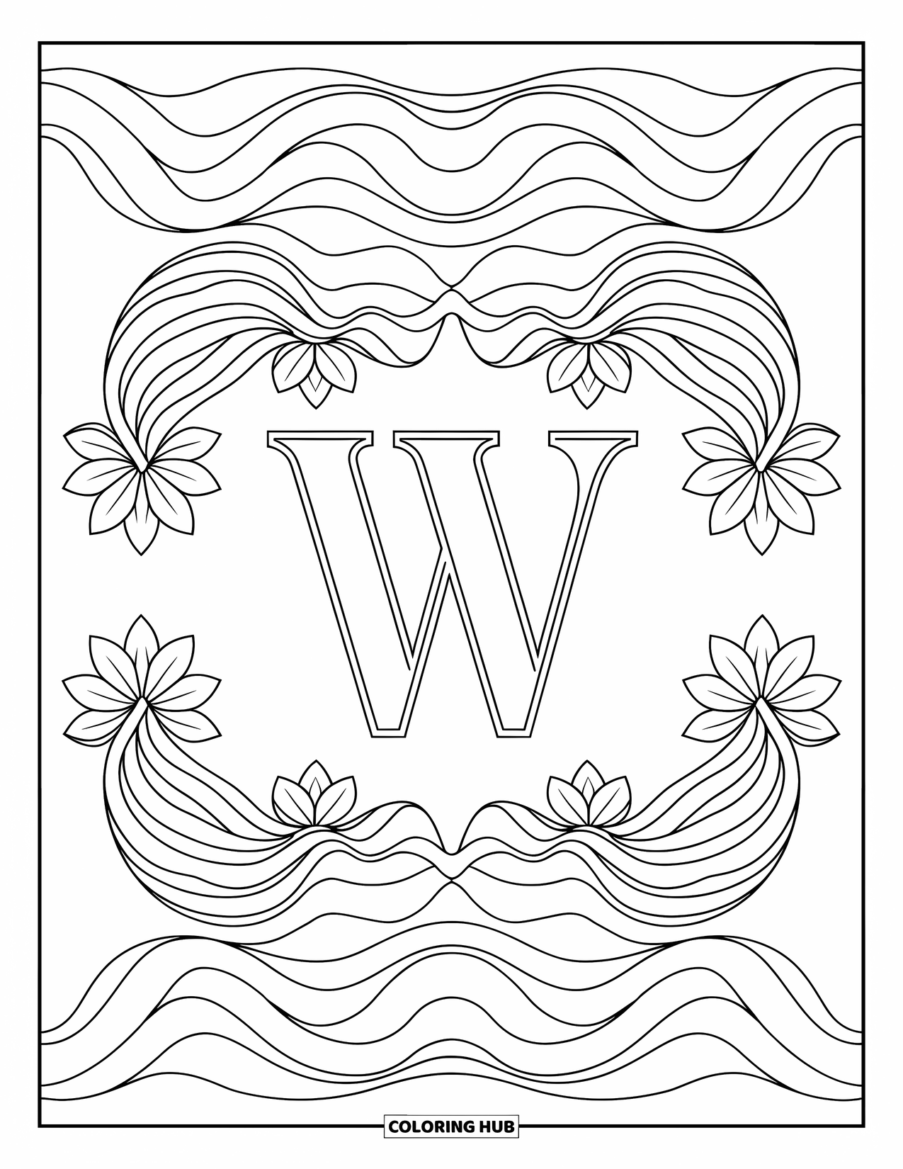 Letter W Coloring Page for Adults: "W" floats in the center of waves and water lilies