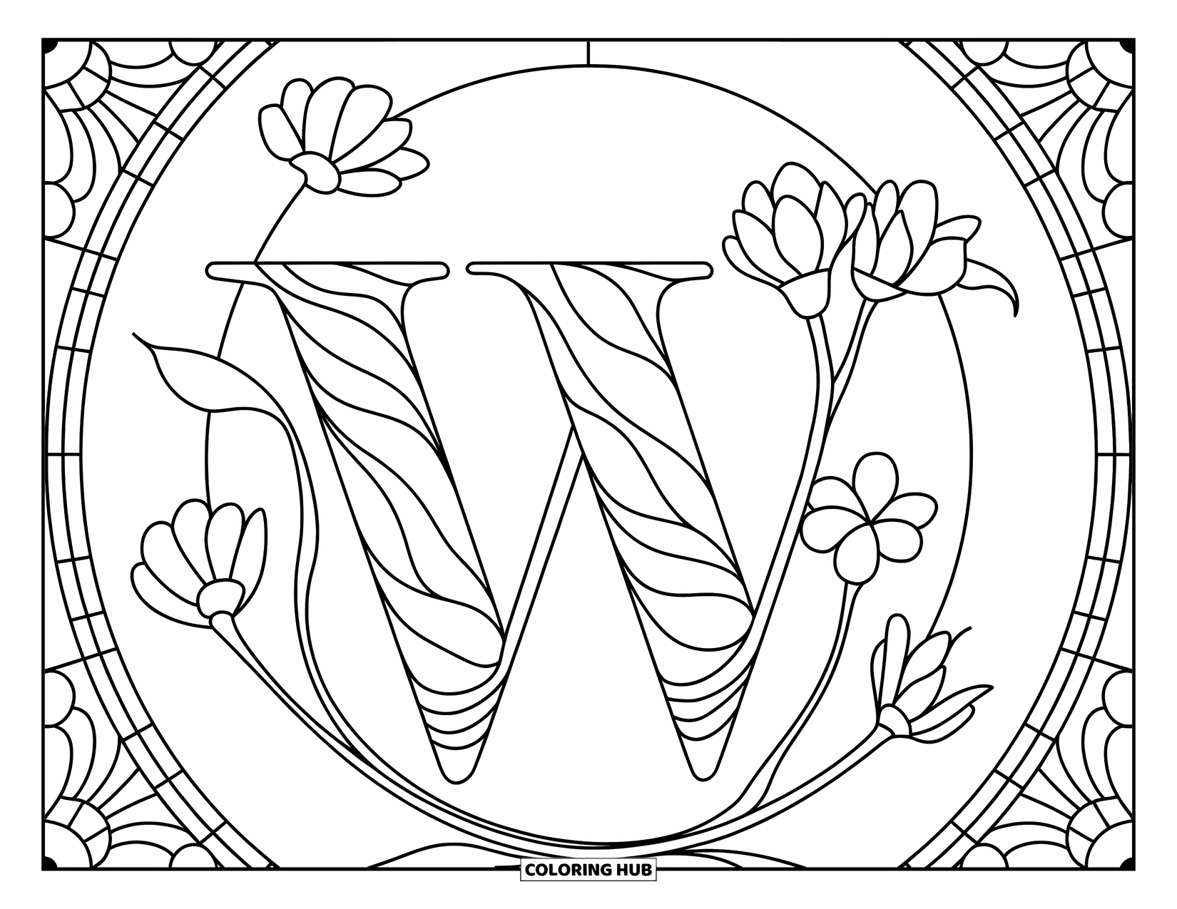 Letter W Coloring Page for Adults: "W" forms from swirling stained glass with flowers and petals