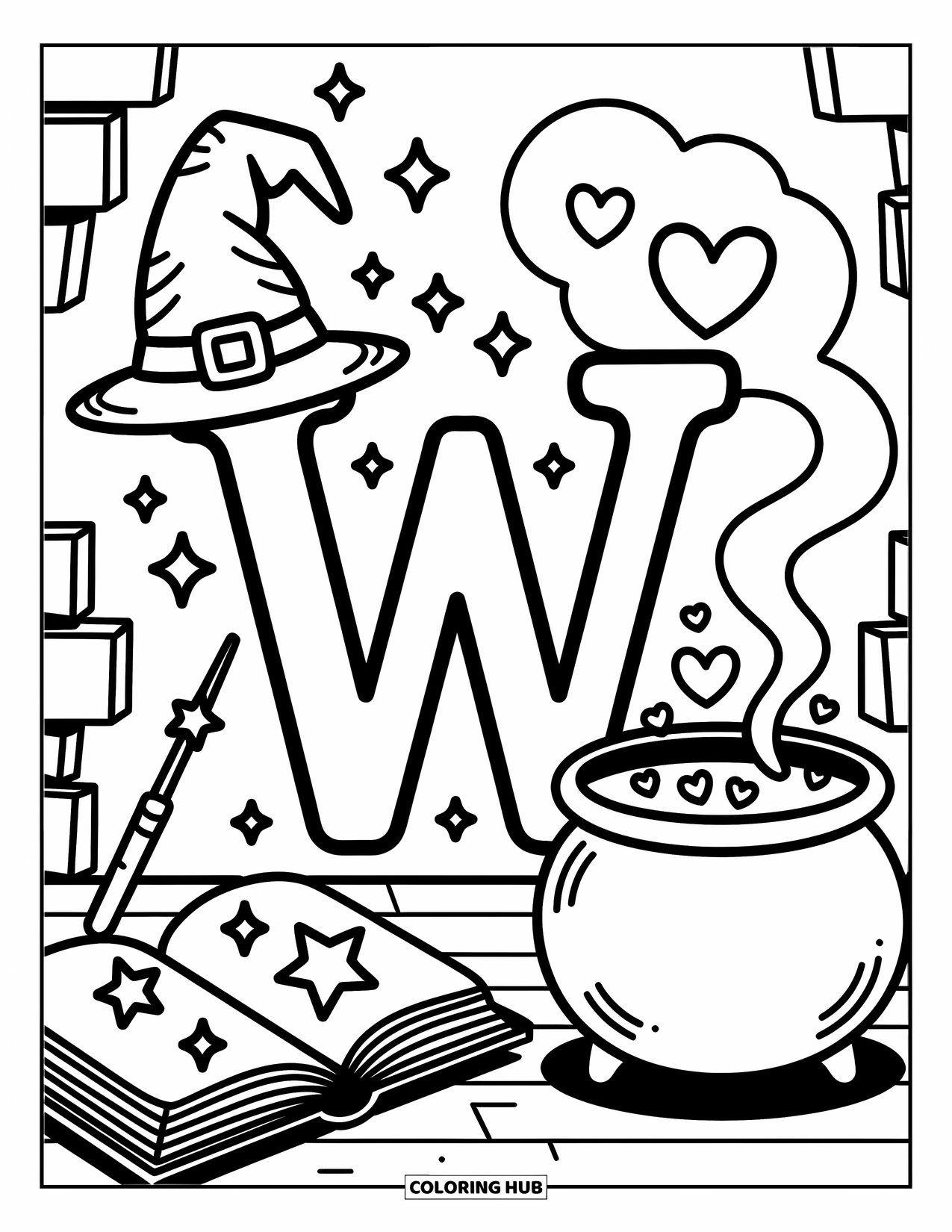 Letter W Coloring Page for Adults: "W" glows in a wizard's nook with stars, hat, and happy spell steam