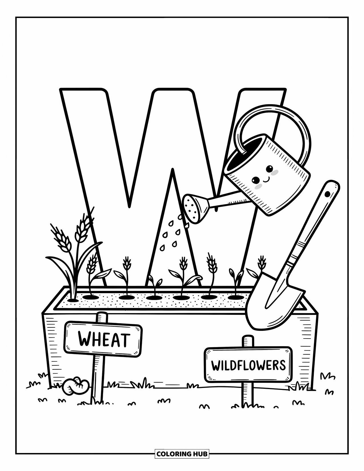 Letter W Coloring Page for Adults: "W" in a cozy garden scene with a shovel, seedlings, and cheerful worm