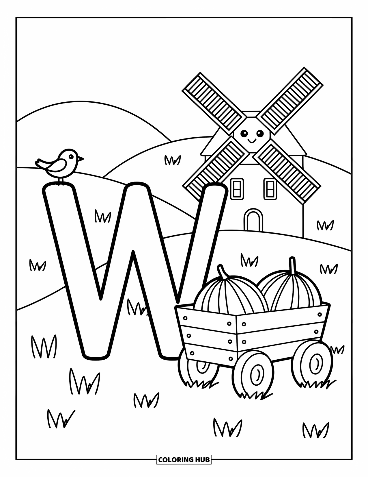 Letter W Coloring Page for Adults: "W" in a sunny field with a watermelon wagon, windmill, and bird