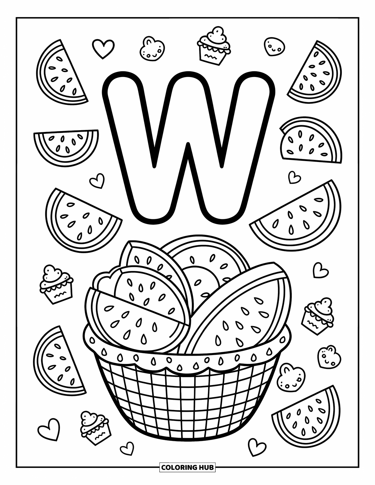 Letter W Coloring Page for Adults: "W" in a watermelon-themed picnic with a gingham cloth and tasty slices
