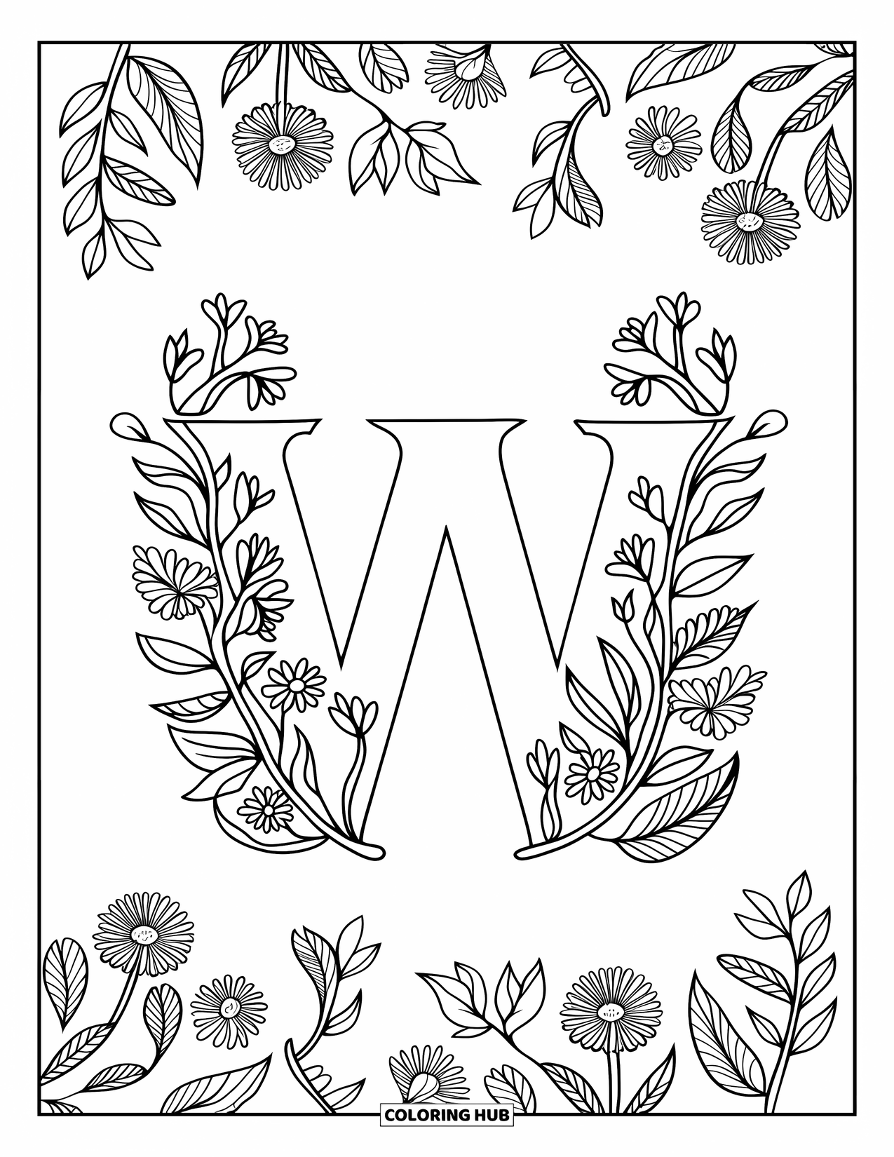 Letter W Coloring Page for Adults: "W" is wrapped in wildflower vines and leafy curls