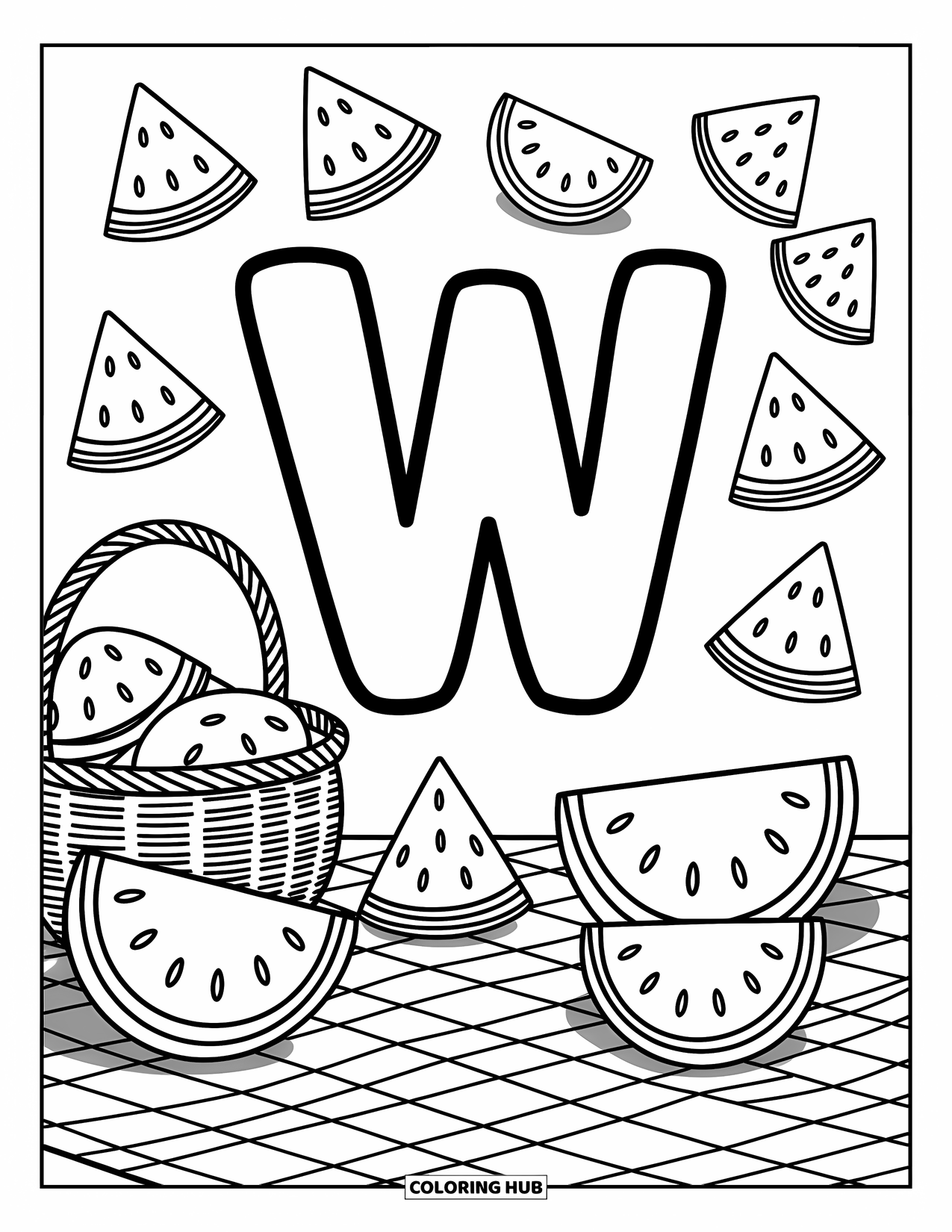 Letter W Coloring Page for Adults: "W" sits in a watermelon picnic with cute slices and a cozy basket
