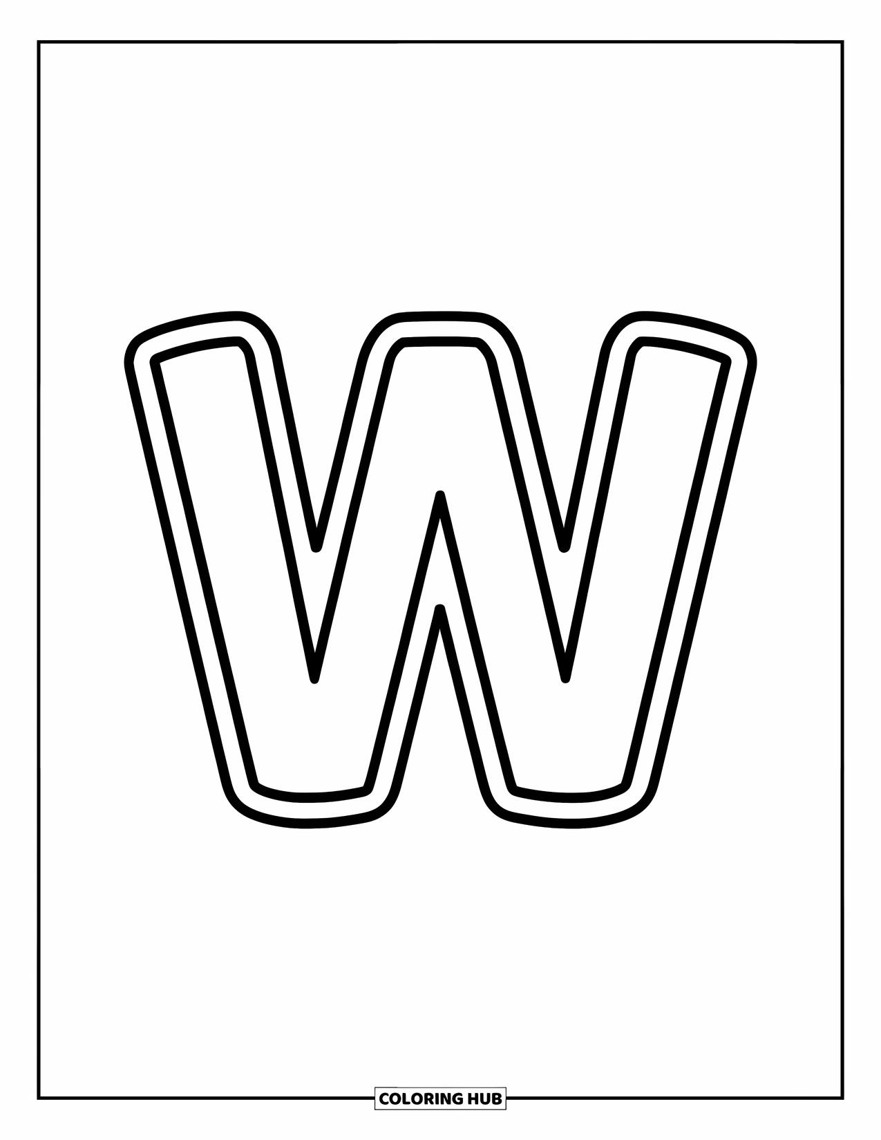 Letter W Coloring Page for Kids: A big "W" with thick lines and a happy design for preschoolers