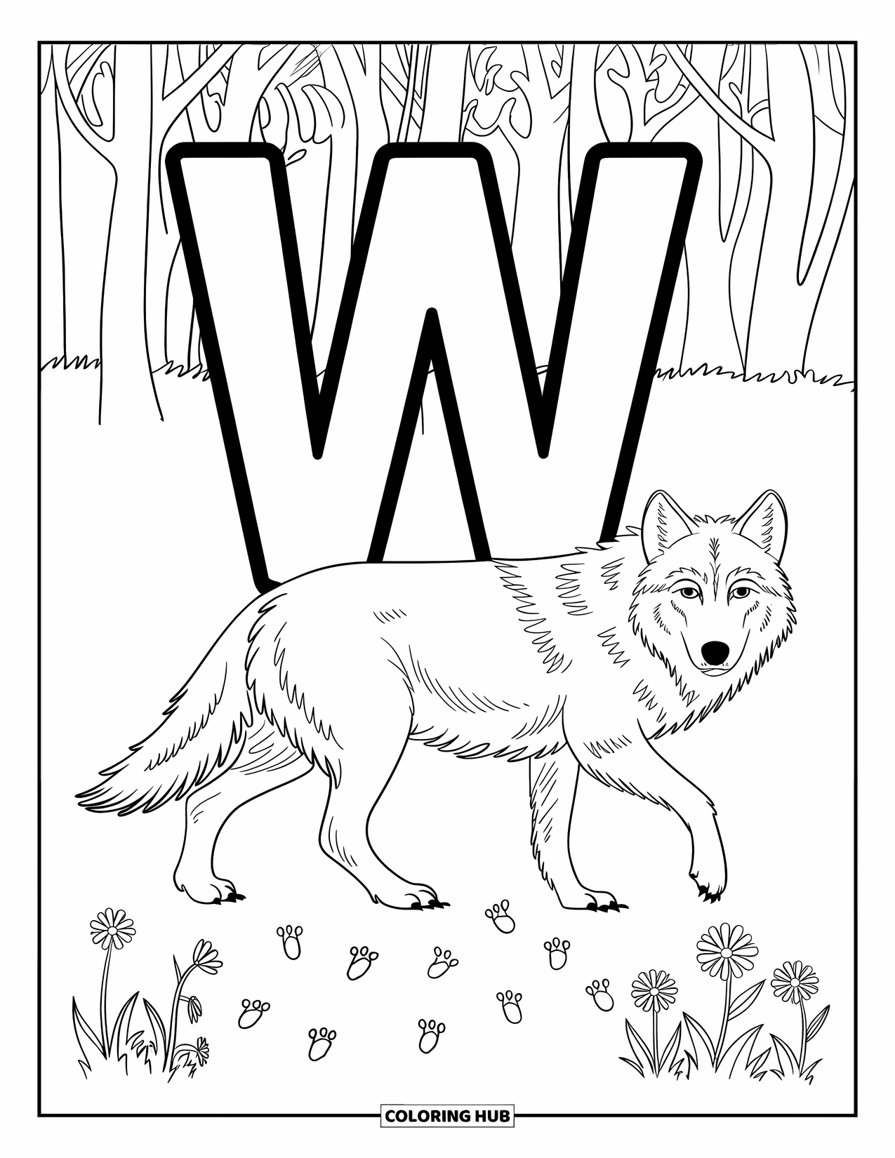 Letter W Coloring Page for Kids: A bold "W" with a wolf, wildflowers, and trees in a quiet forest