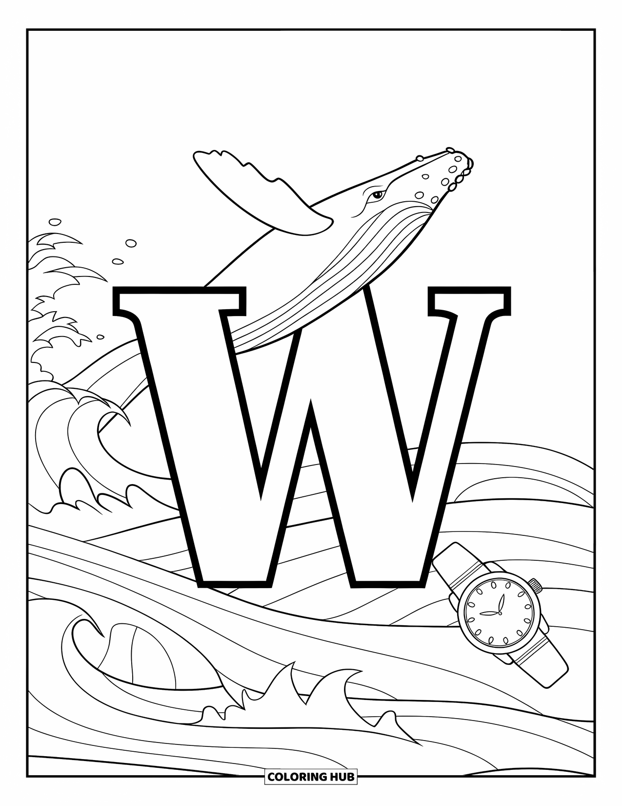 Letter W Coloring Page for Kids: A breaching whale leaps above waves with a floating watch and bold "W"