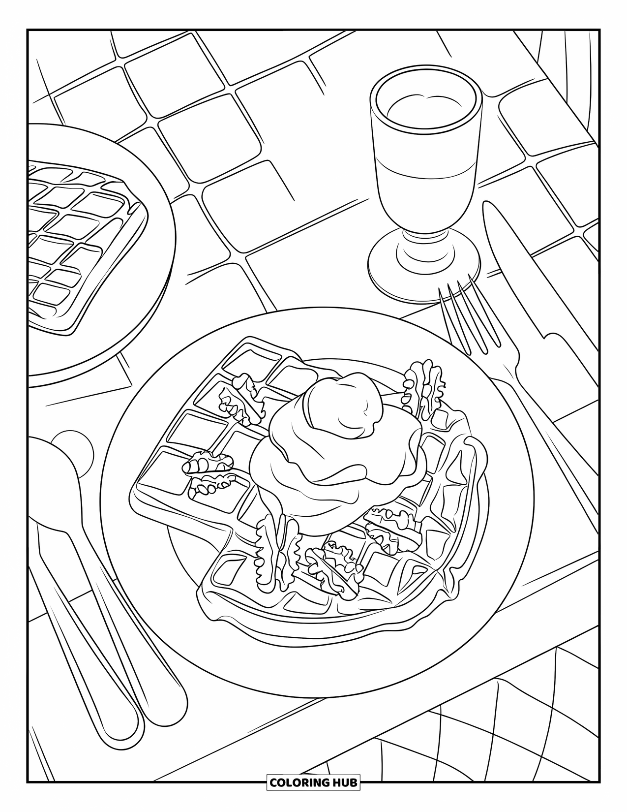 Letter W Coloring Page for Kids: A breakfast plate with waffles, walnuts, whipped cream, and simple tableware