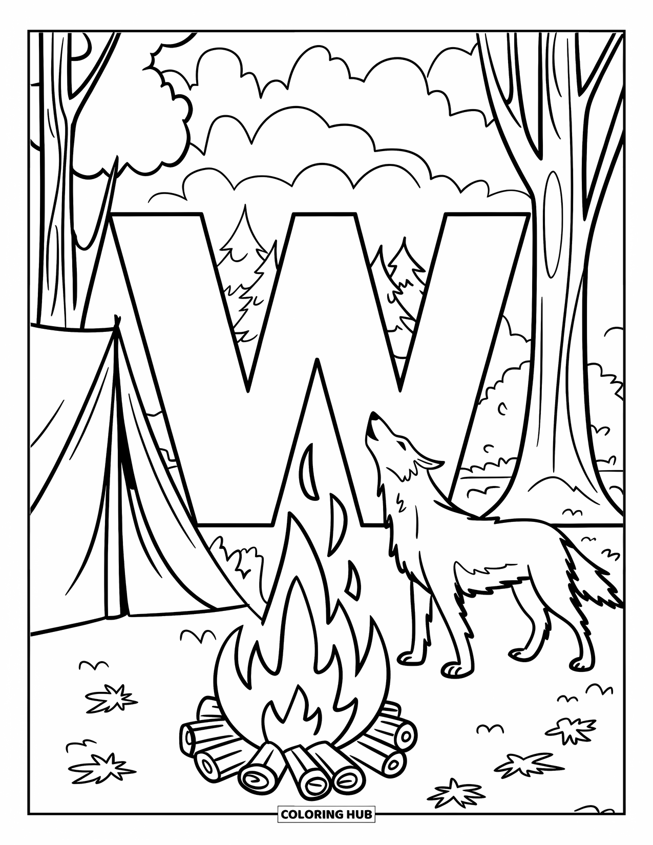 Letter W Coloring Page for Kids: A campsite scene with a big "W," tent, howling wolf, and warm fire