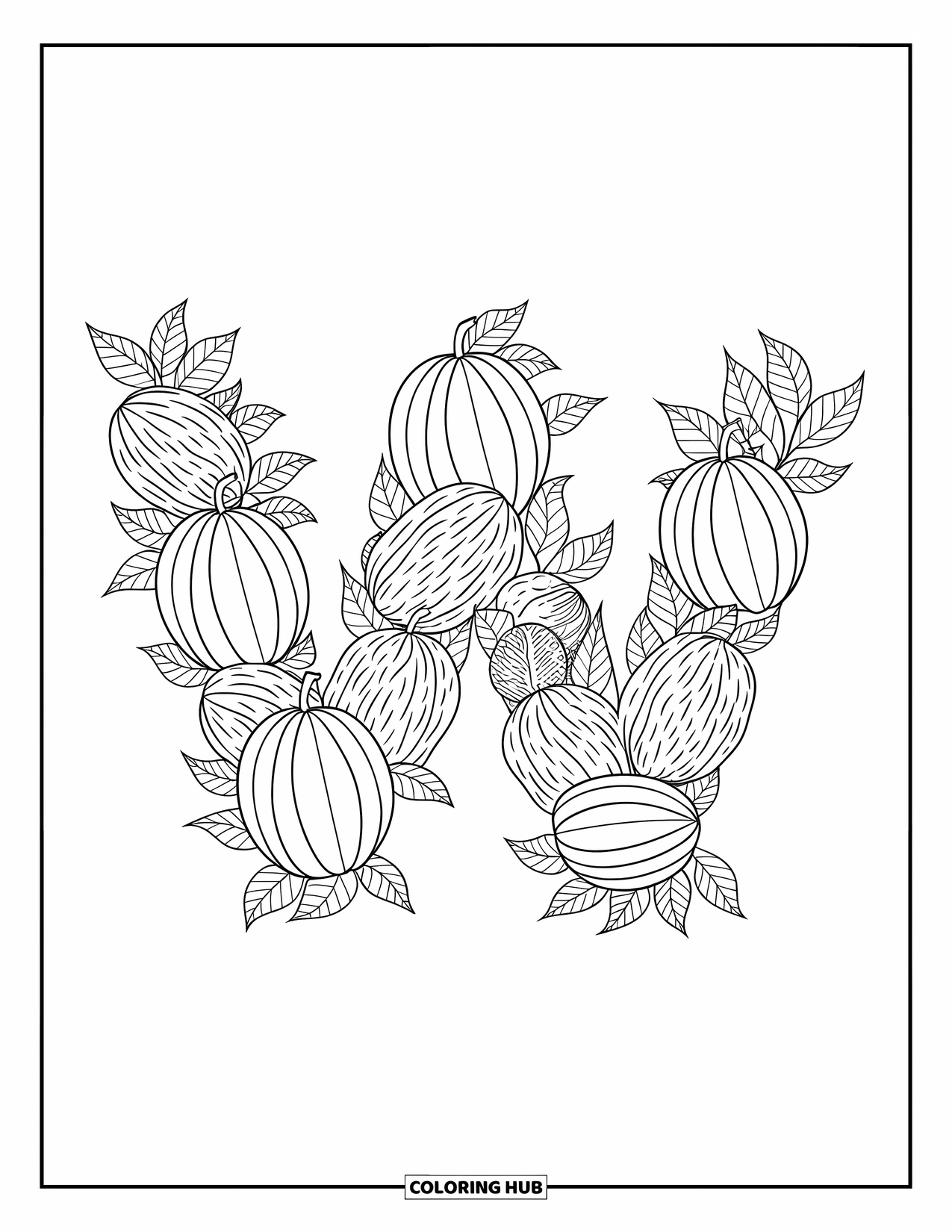 Letter W Coloring Page for Kids: A centered "W" is surrounded by walnuts, watermelons, and leafy swirls