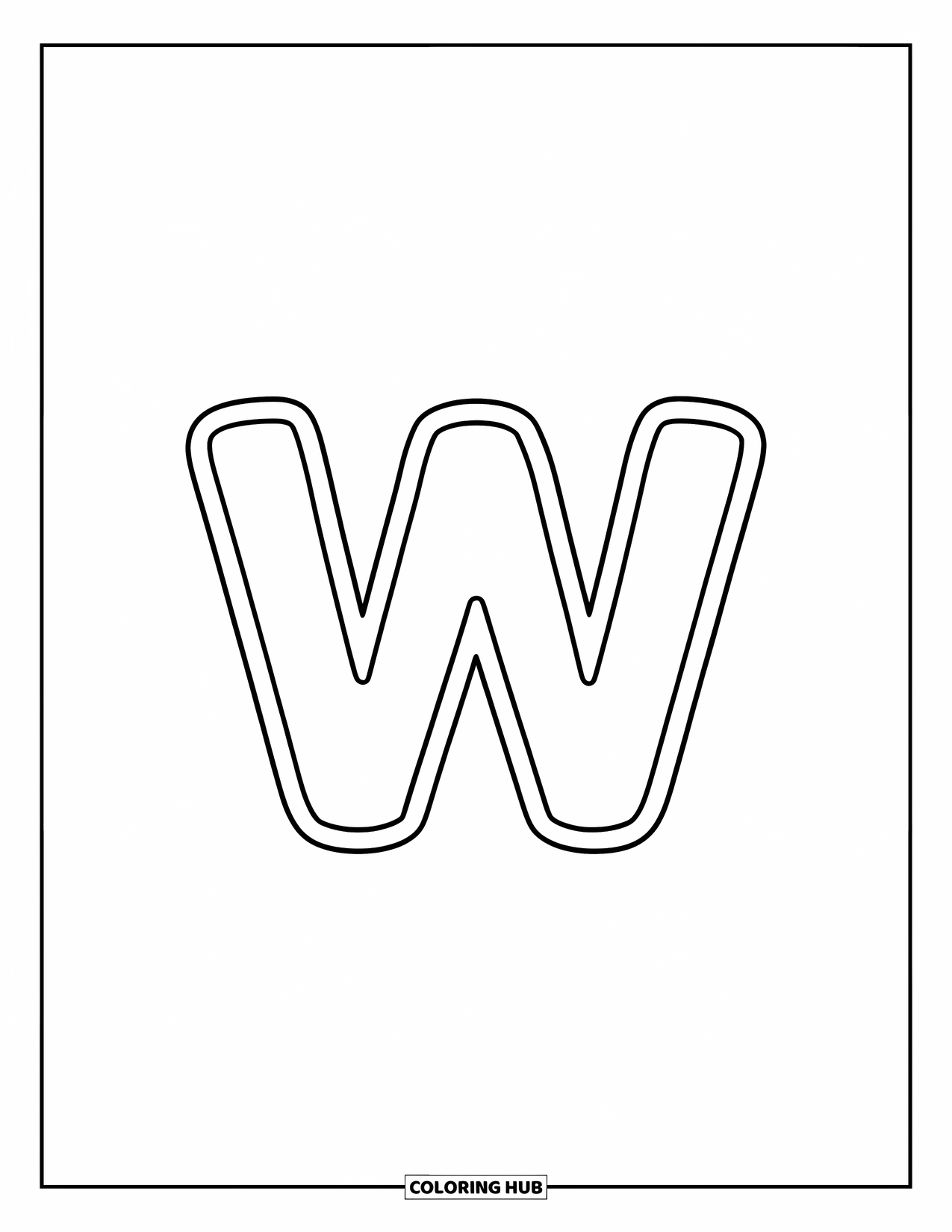 Letter W Coloring Page for Kids: A cheerful lowercase "w" with thick lines and a preschool-friendly style