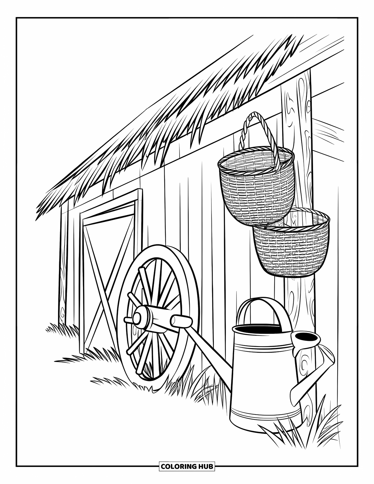 Letter W Coloring Page for Kids: A cozy barn scene with baskets, a wooden wheel, and a watering can