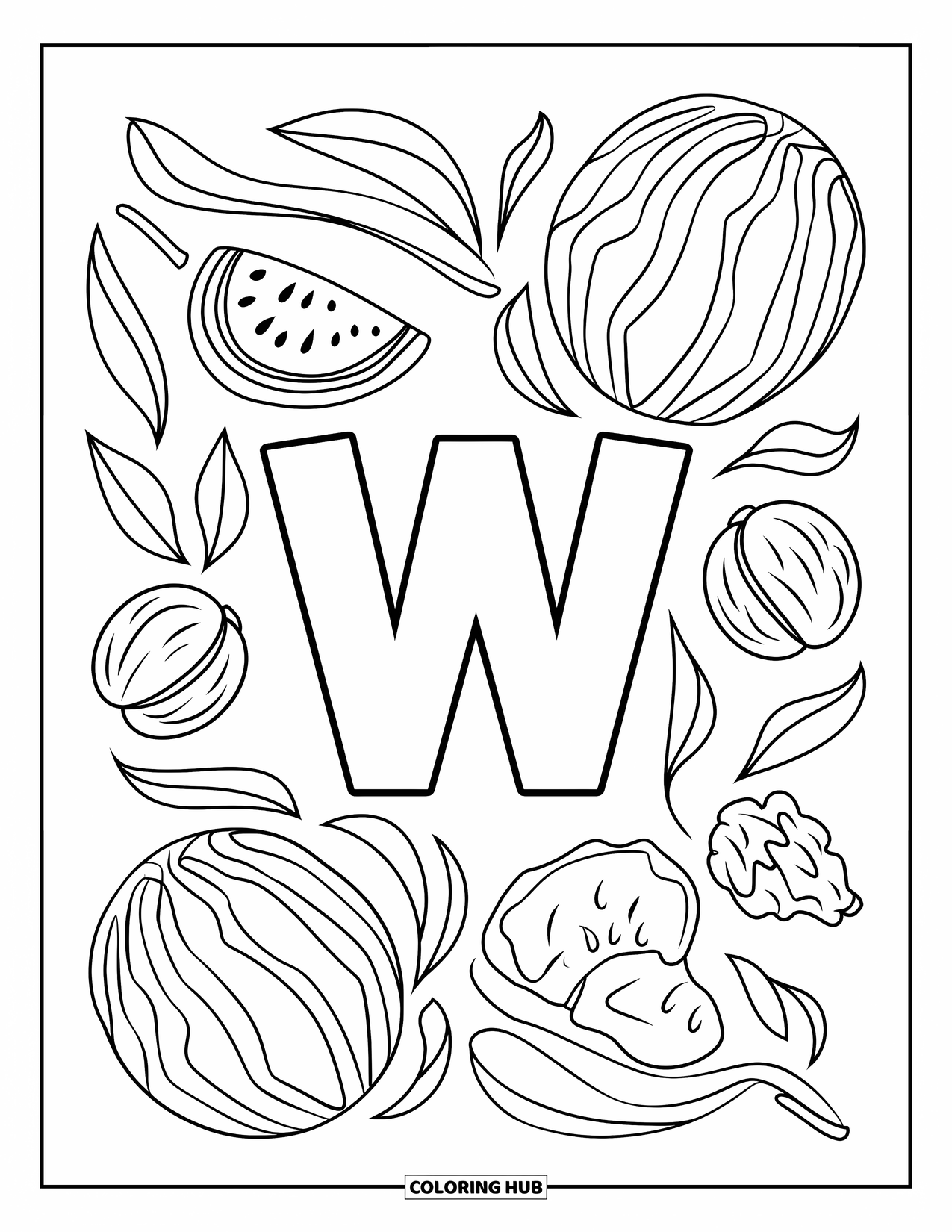 Letter W Coloring Page for Kids: A fun "W" with playful watermelons, waving leaves, and scattered walnuts