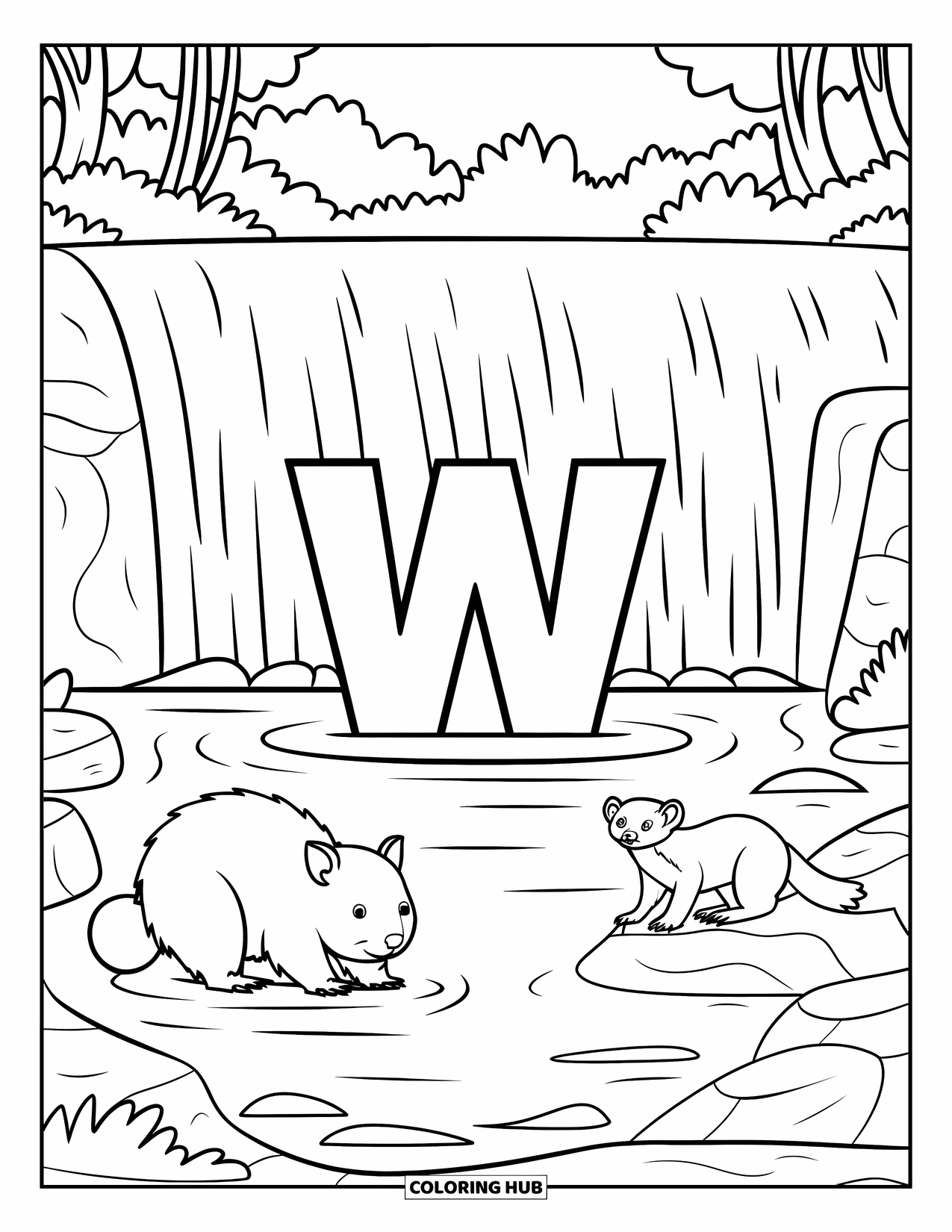 Letter W Coloring Page for Kids: A "W" flows with a waterfall beside a wombat and a curious weasel