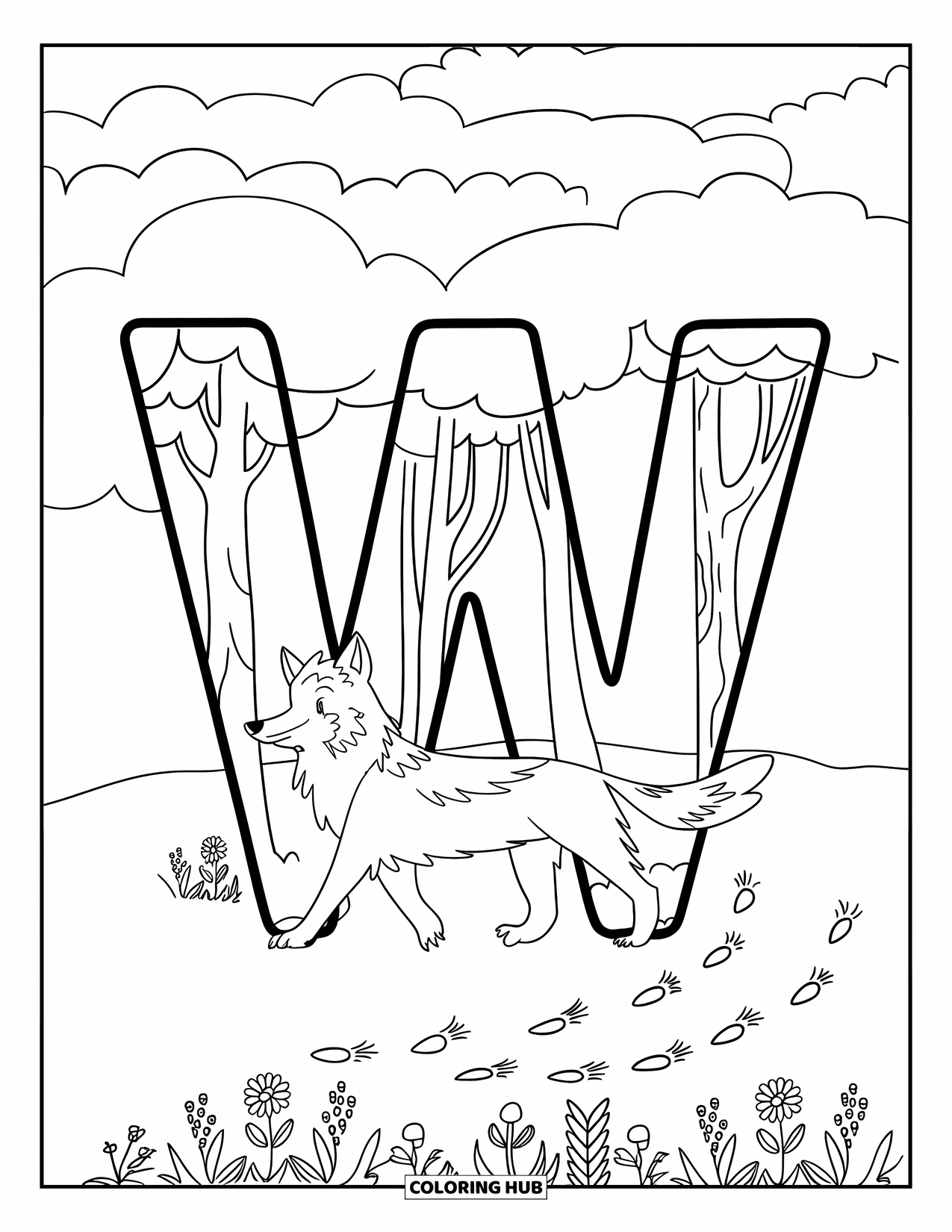 Letter W Coloring Page for Kids: A walking wolf with footprints and flowers near a big forest "W"