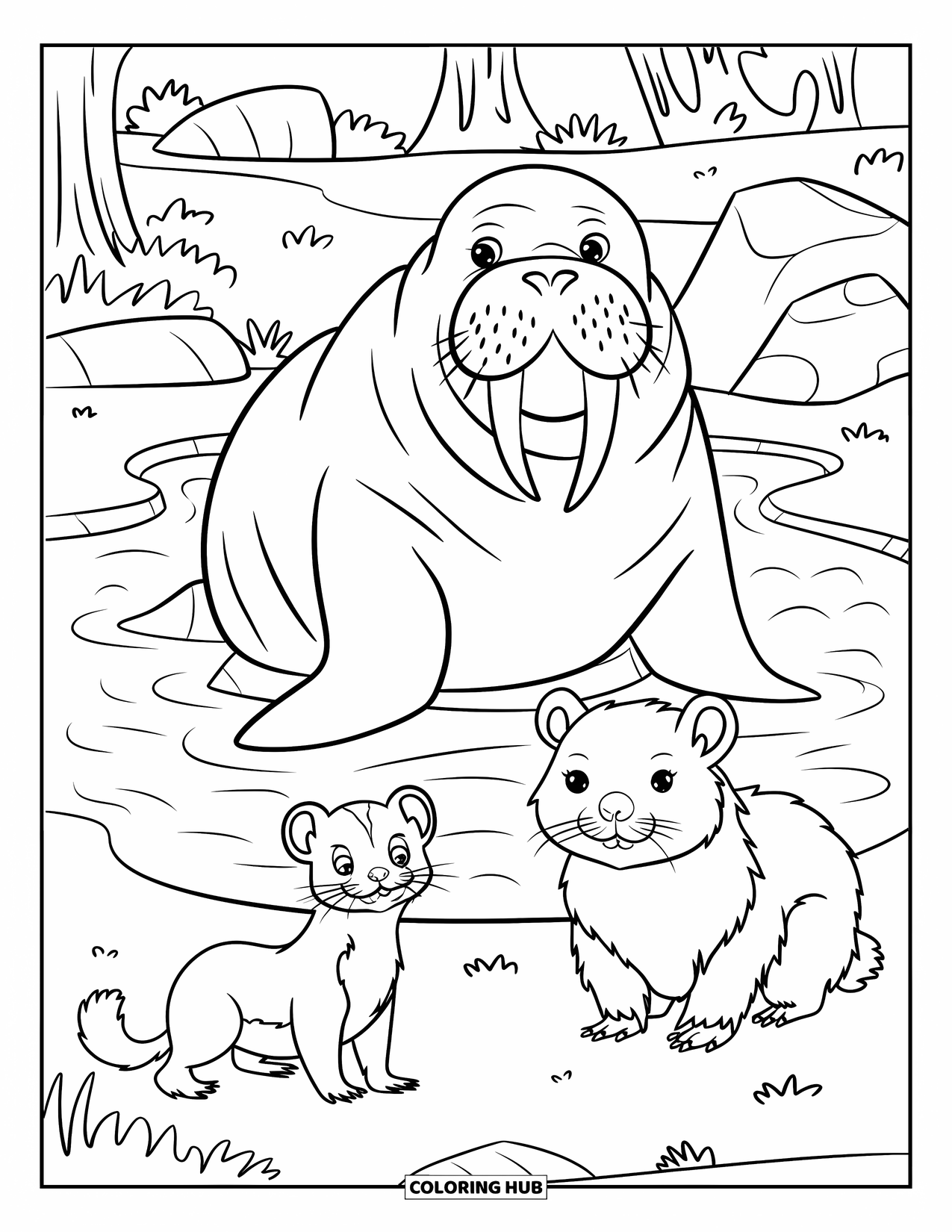 Letter W Coloring Page for Kids: A walrus, weasel, and wombat relax together by a calm pond