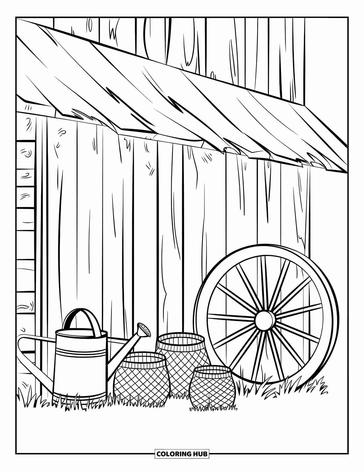 Letter W Coloring Page for Kids: A weathered barn with baskets, a wheel, and a leaning watering can