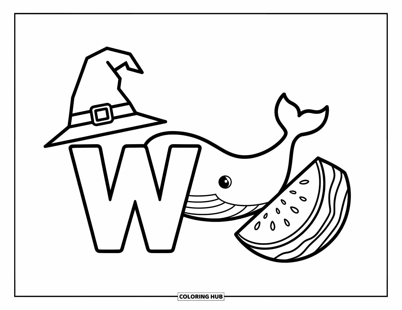 Letter W Coloring Page for Kids: A wizard hat tops "W" as a whale and watermelon join the fun