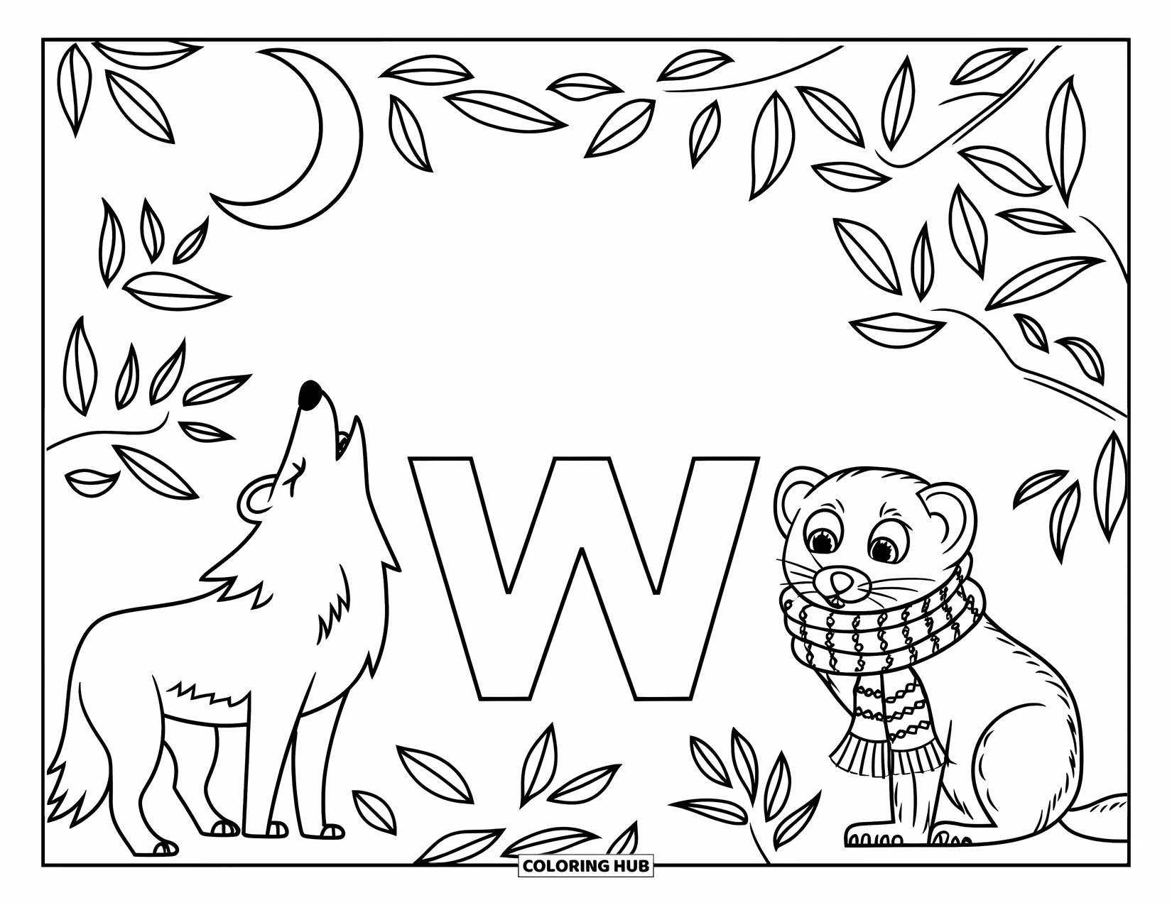 Letter W Coloring Page for Kids: A wolf and weasel meet beside "Big W" and "little w" in the woods