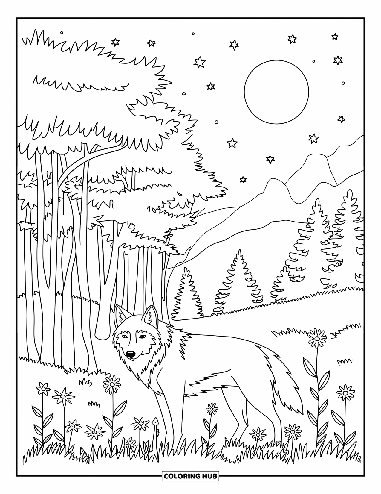 Letter W Coloring Page for Kids: A wolf stands near wildflowers under a glowing moonlit forest