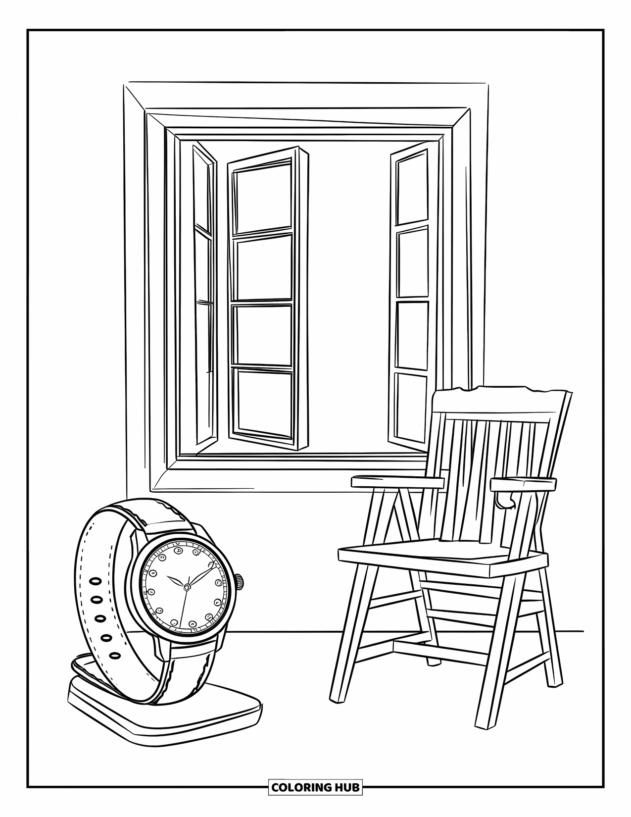 Letter W Coloring Page for Kids: A wooden chair, open window, and classic watch fill a vintage corner