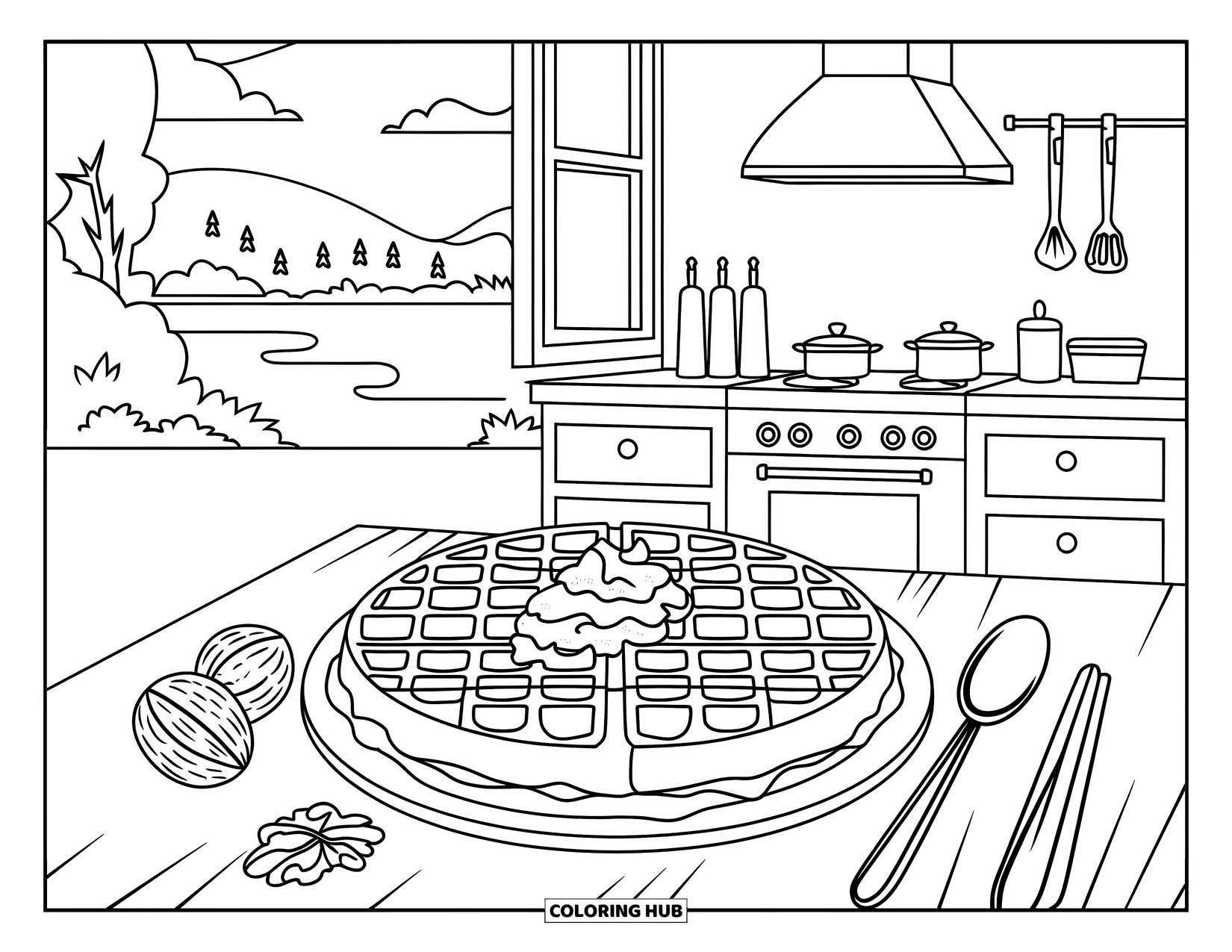 Letter W Coloring Page for Kids: A wooden kitchen table holds waffles and cream near a window view