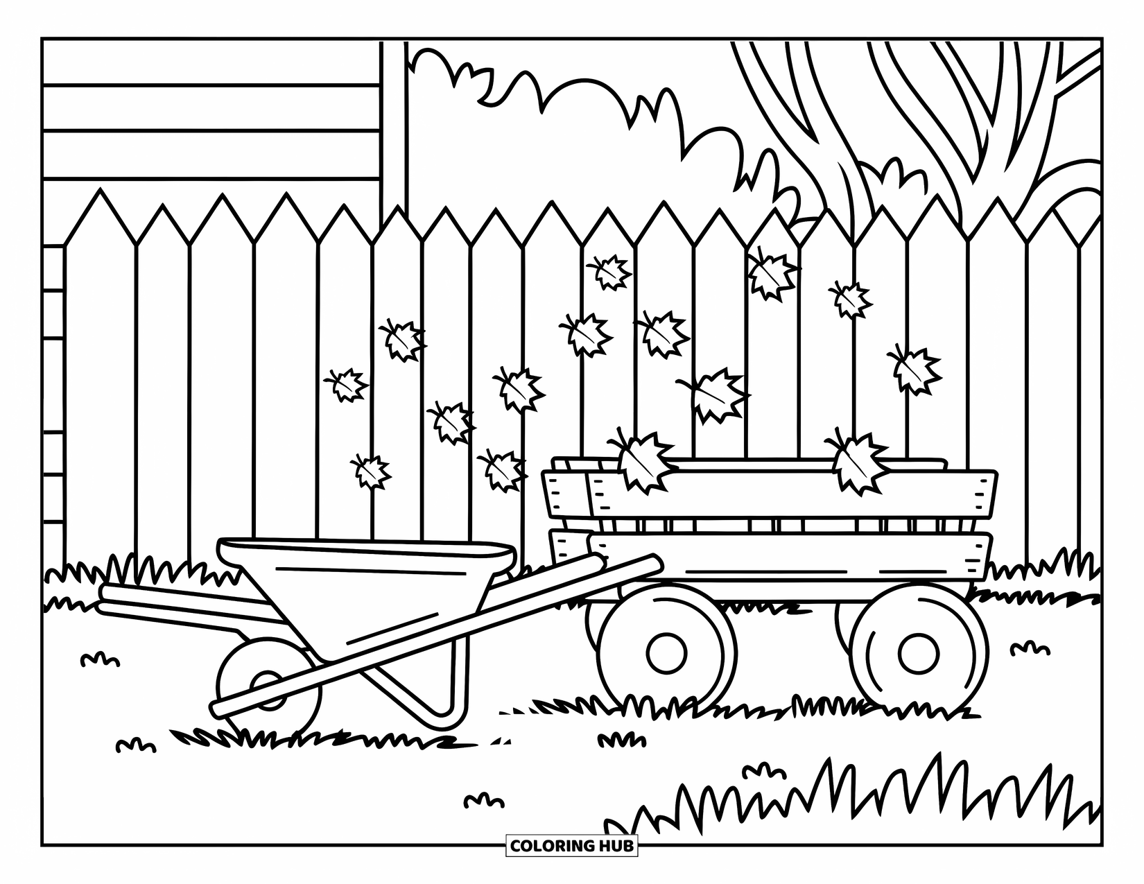 Letter W Coloring Page for Kids: A wooden wagon and wheelbarrow sit in a breezy backyard full of falling leaves