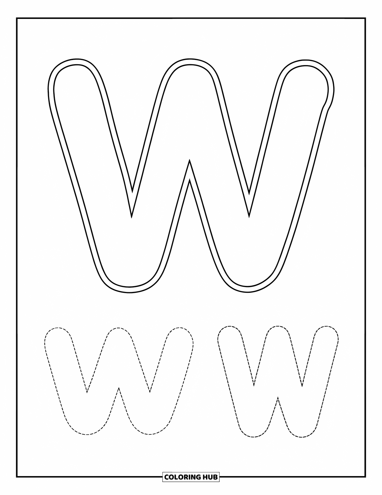 Letter W Coloring Page for Kids: Big "W" and small "w" in dotted lines for early writing fun