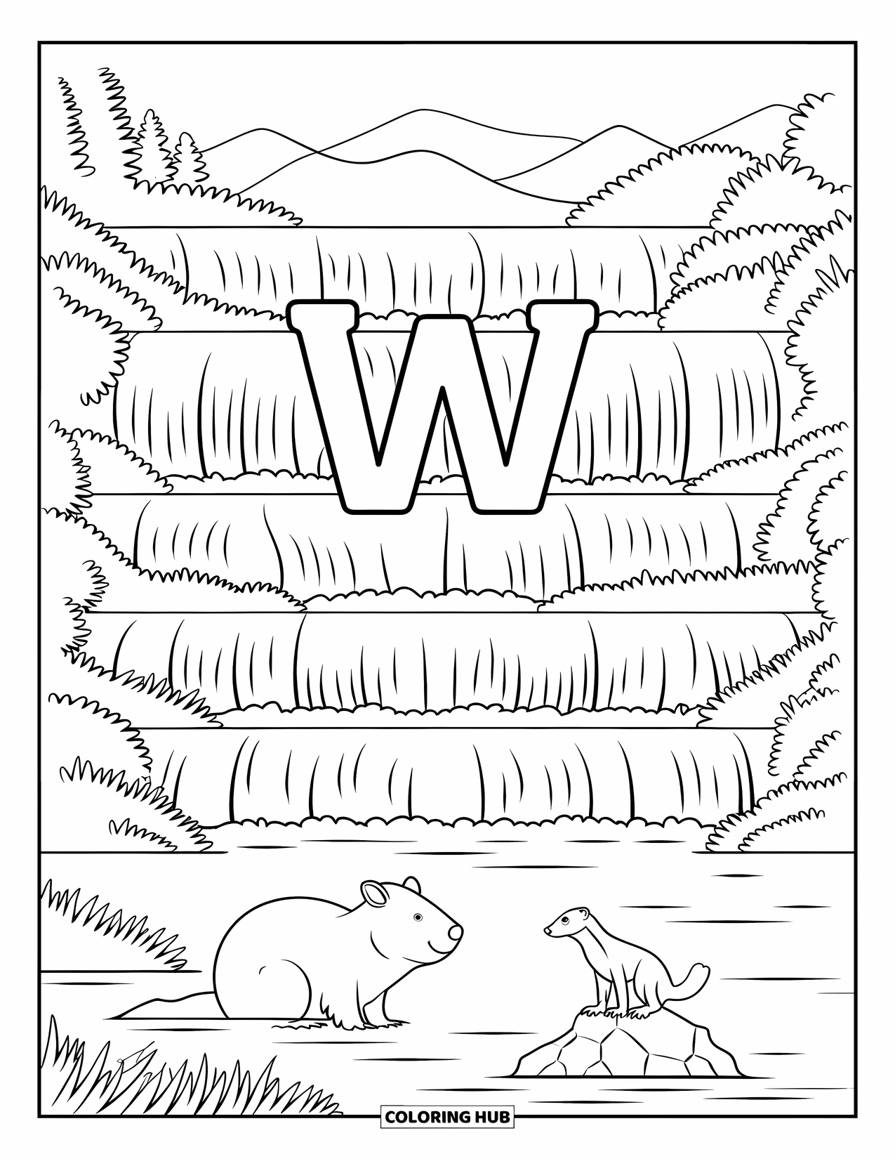 Letter W Coloring Page for Kids: Letter "W" beside a multi-tiered waterfall, a wombat resting, and a weasel climbing