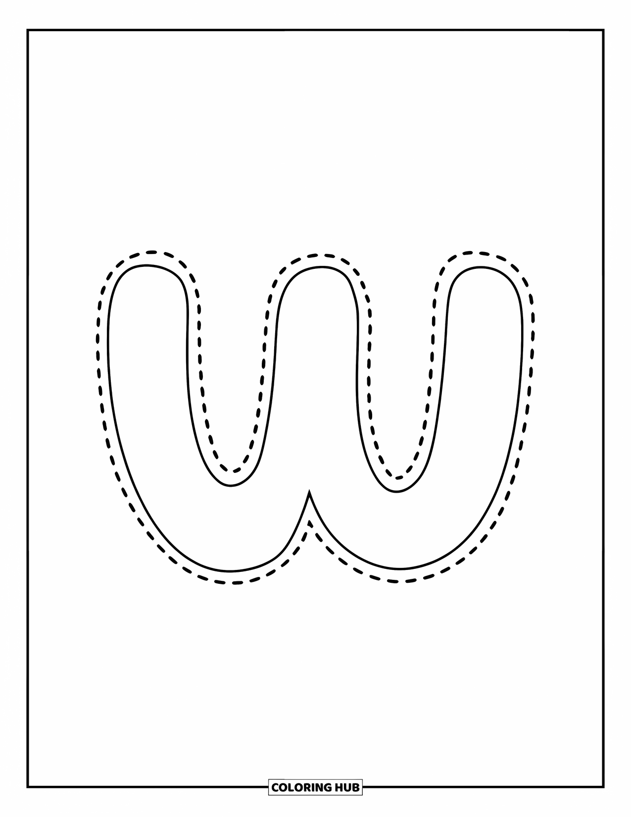 Letter W Coloring Page for Kids: Lowercase "w" in dotted lines for beginner tracing practice