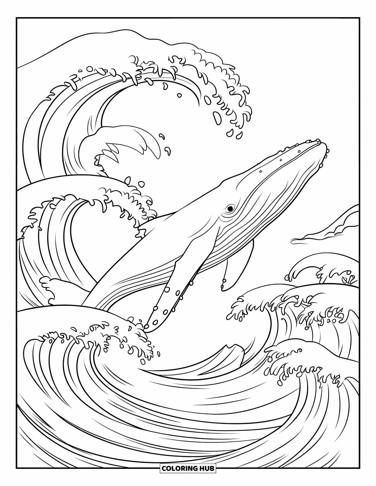 Letter W Coloring Page for Kids: Ocean waves curl as a smooth whale jumps high with energy