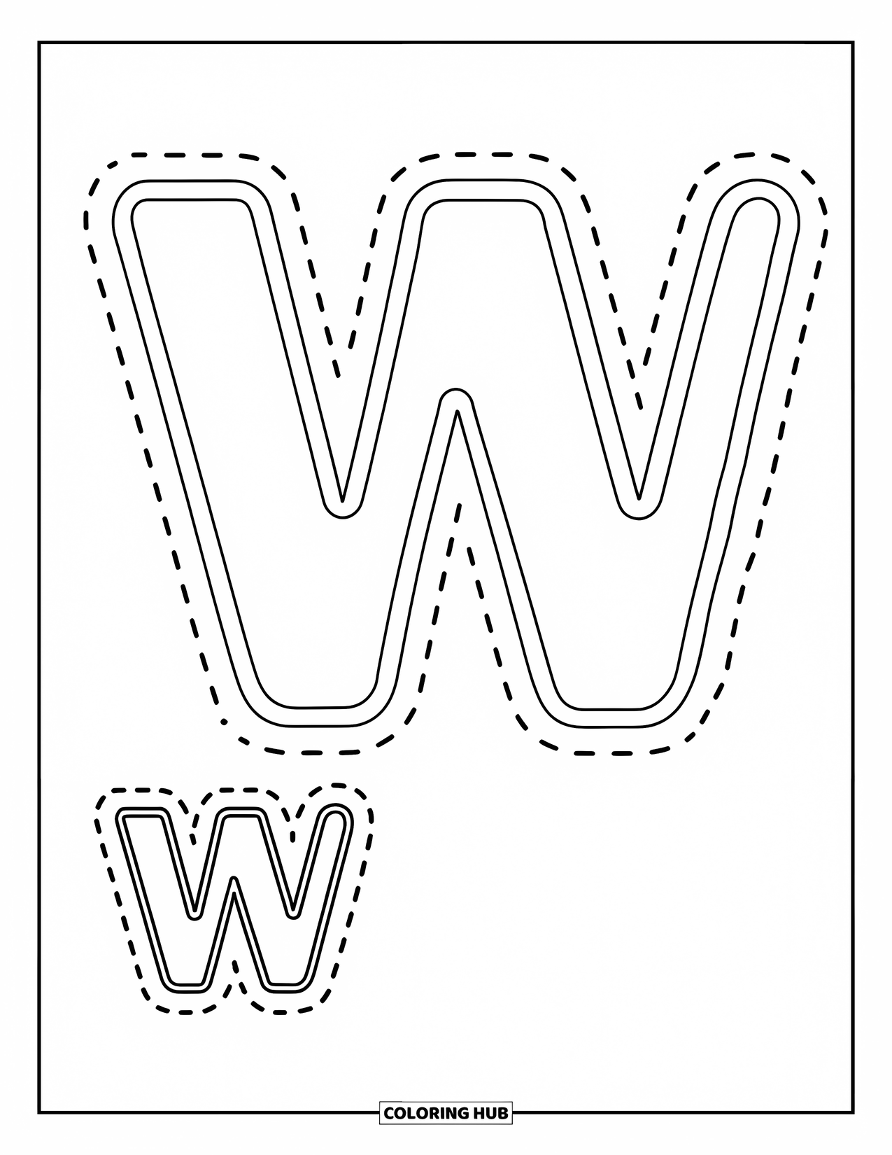 Letter W Coloring Page for Kids: Simple dotted "W" and "w" ready for little hands to trace