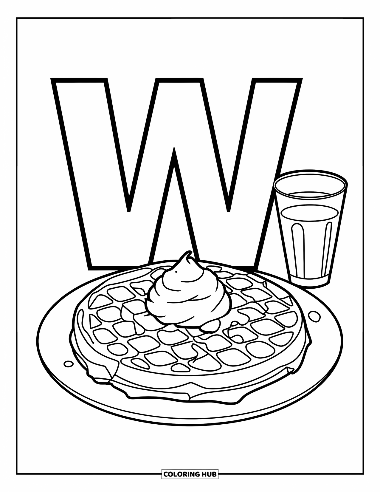 Letter W Coloring Page for Kids: The letter "W" is surrounded by waffles, whipped cream, and a glass of water