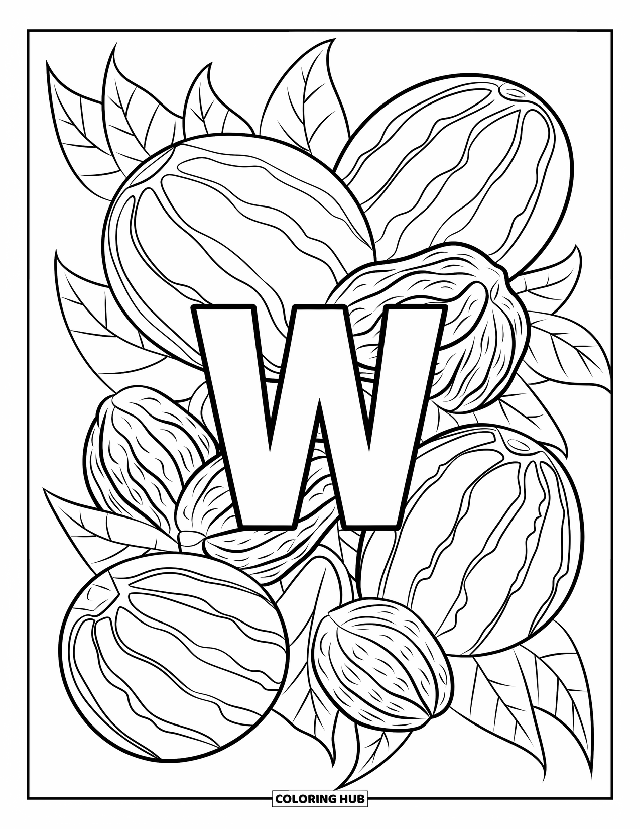 Letter W Coloring Page for Kids: The letter "W" sits among watermelons, walnuts, and waving leaves