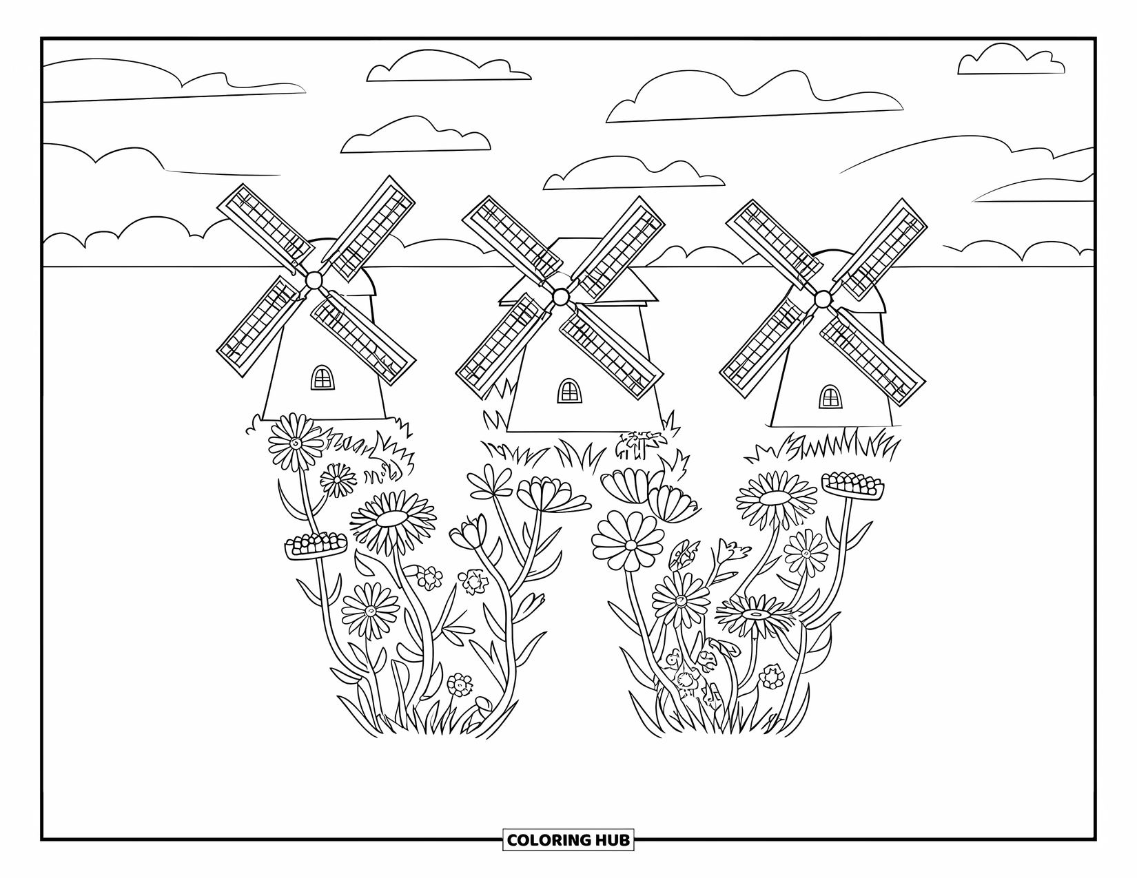 Letter W Coloring Page for Kids: Windmills shape a bold "W" in a colorful wildflower-filled field