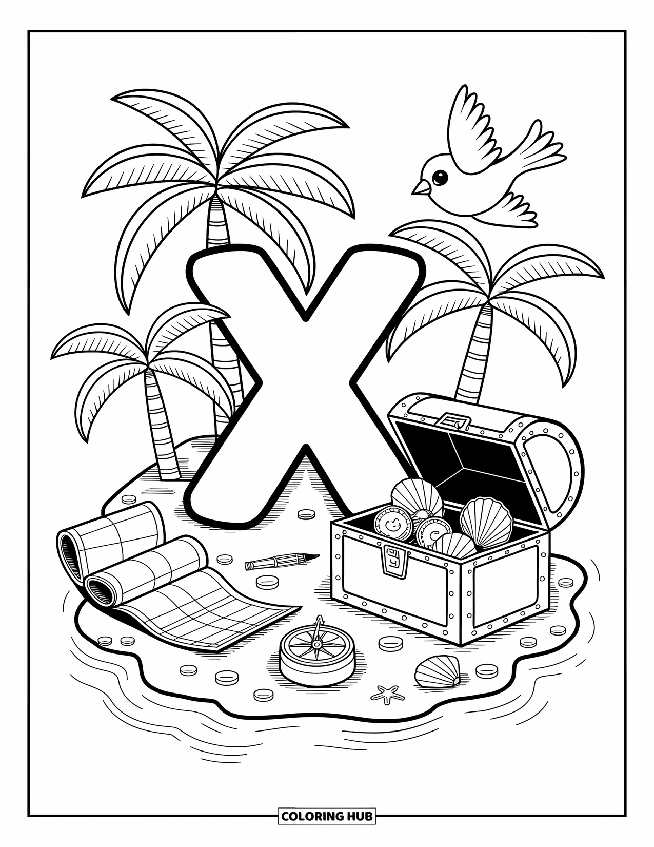 Letter X Coloring Page for Adults: A treasure-themed island with a big X, seashells, and a bird holding a map