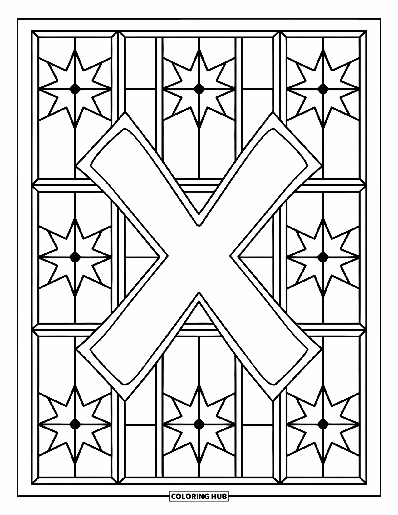 Letter X Coloring Page for Adults: An ornate X shines within a stained glass design of stars and petals